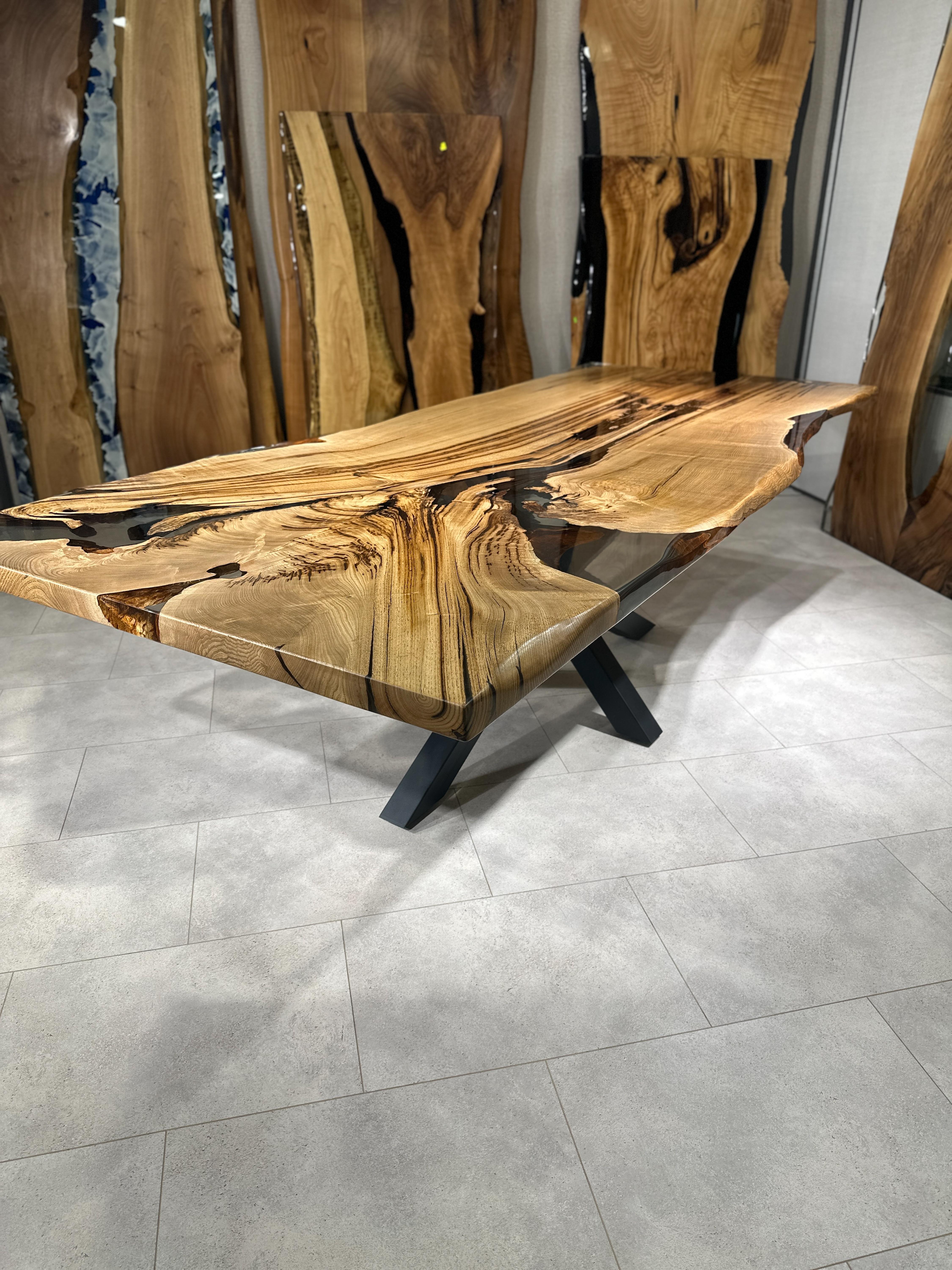 Woodwork Natural Chestnut Epoxy Resin River Light Wood Dining Table For Sale