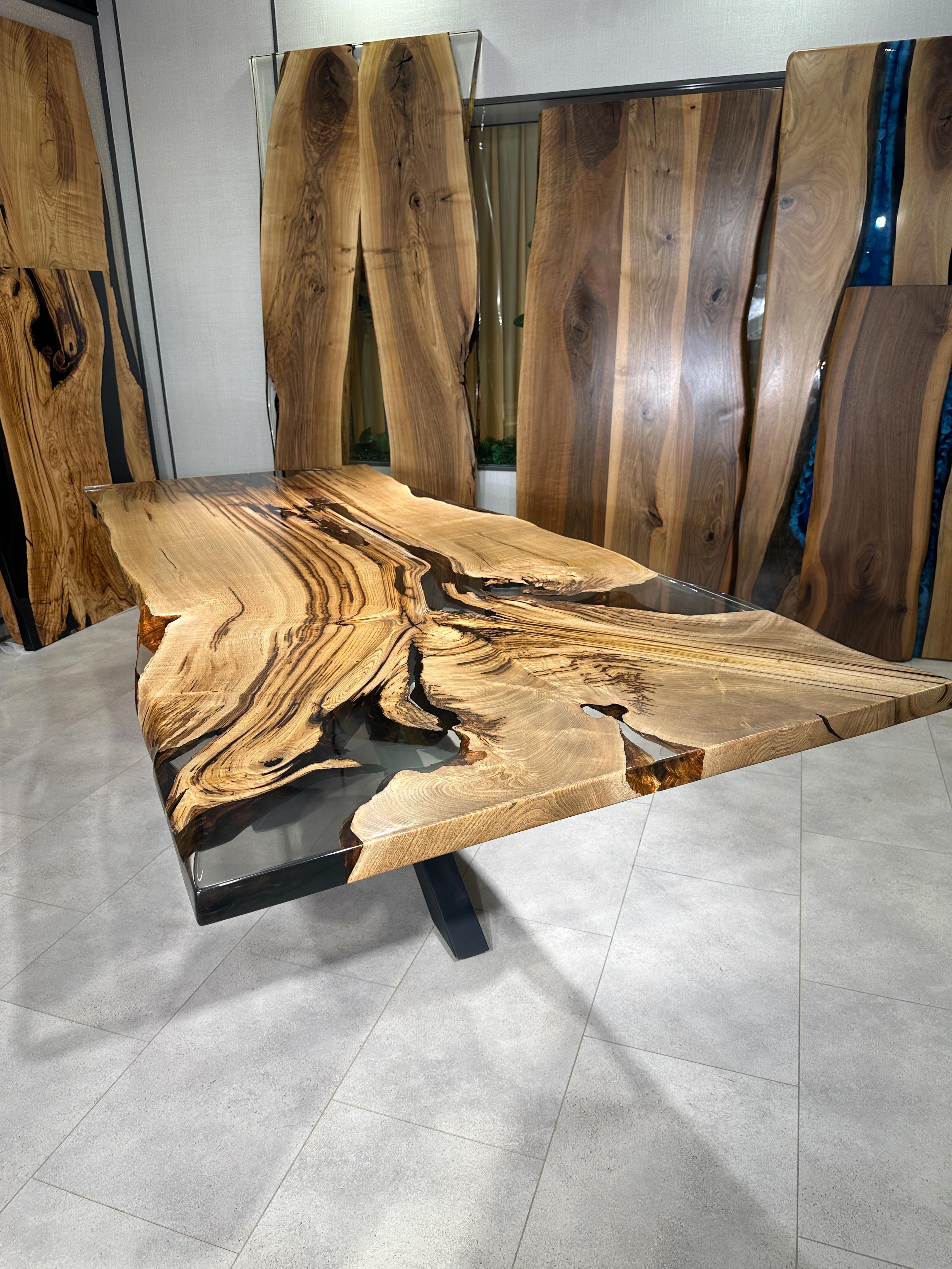 Natural Chestnut Epoxy Resin River Light Wood Dining Table In New Condition For Sale In İnegöl, TR