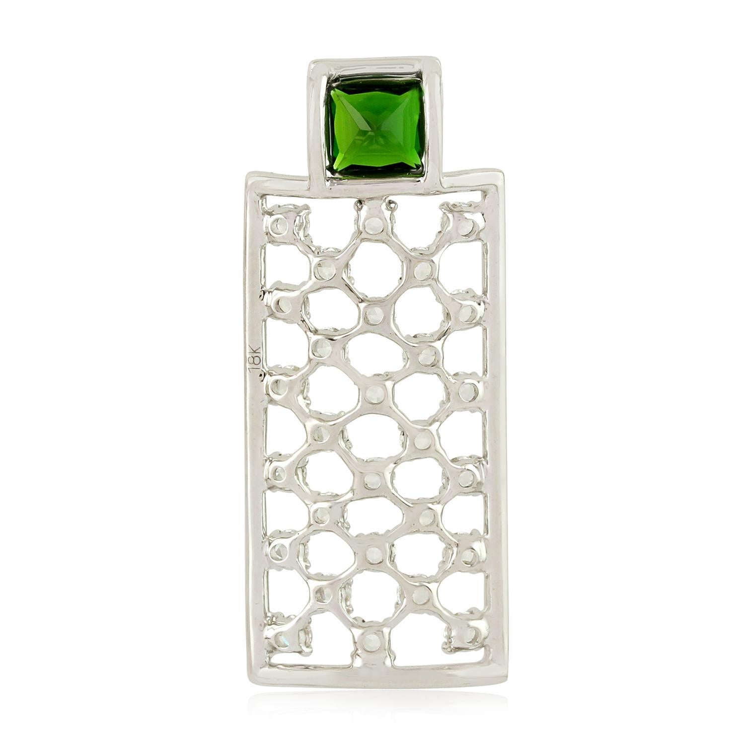 Art Nouveau Natural Chrome Diopside Rectangular Pendant with Diamonds Made in 18k White Gold For Sale