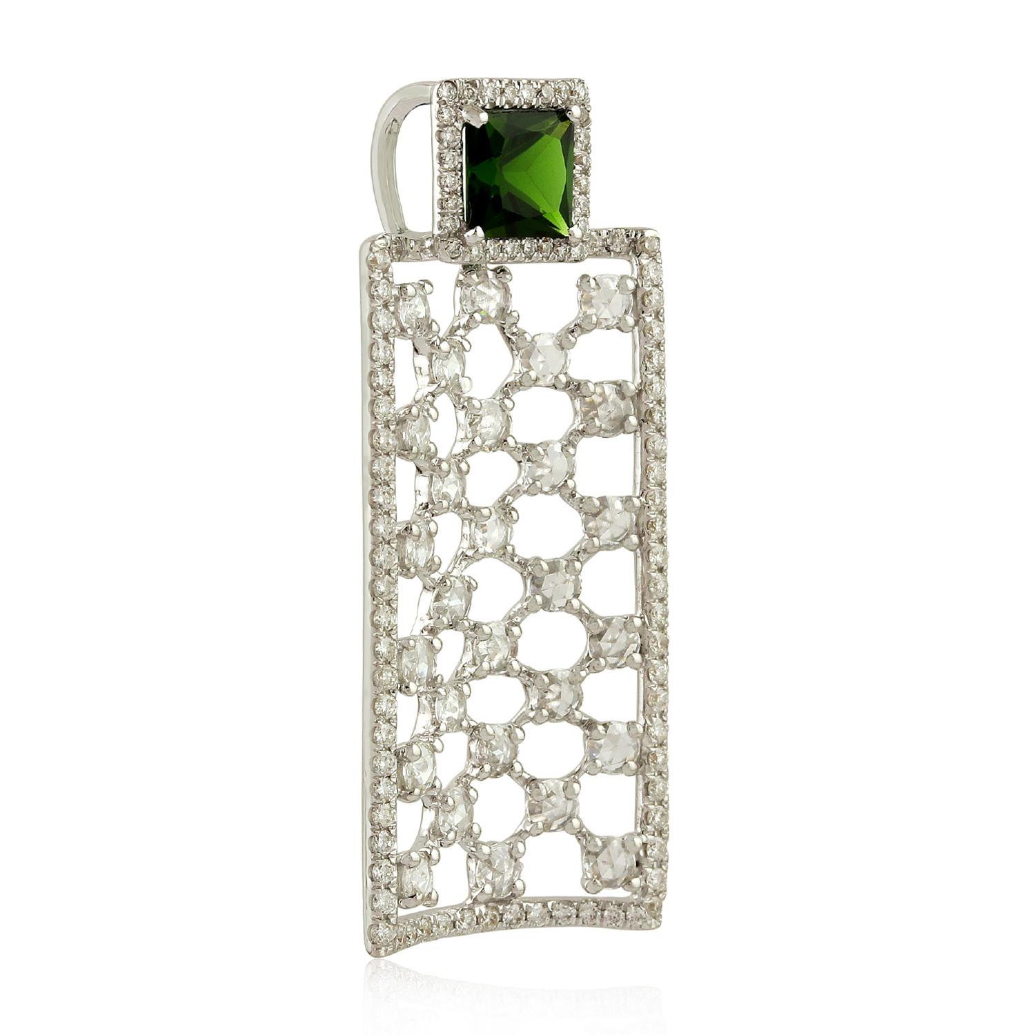 Taille mixte Pendentif rectangulaire Diopside en chrome naturel et diamants, fabriqué en or blanc 18 carats en vente
