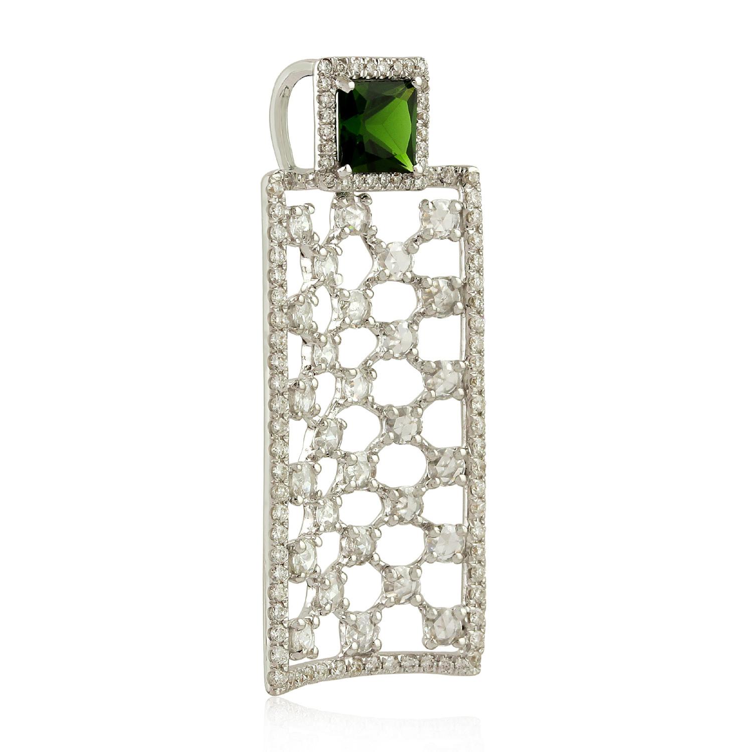 Mixed Cut Natural Chrome Diopside Rectangular Pendant with Diamonds Made in 18k White Gold For Sale