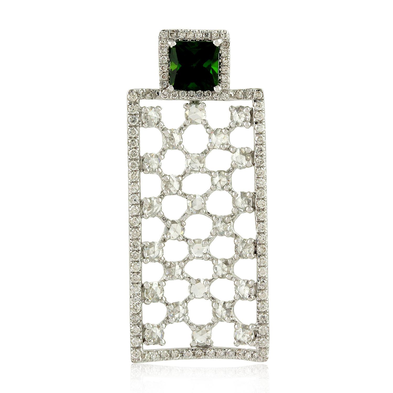 Women's Natural Chrome Diopside Rectangular Pendant with Diamonds Made in 18k White Gold For Sale