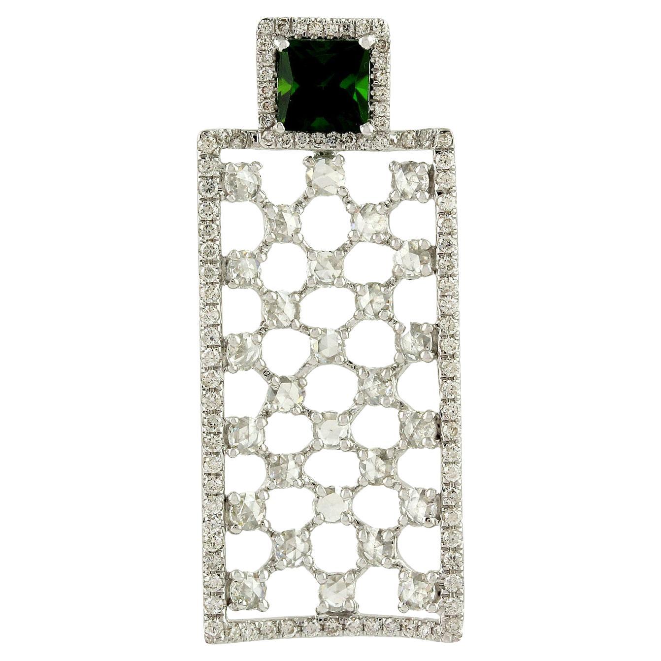 Natural Chrome Diopside Rectangular Pendant with Diamonds Made in 18k White Gold For Sale