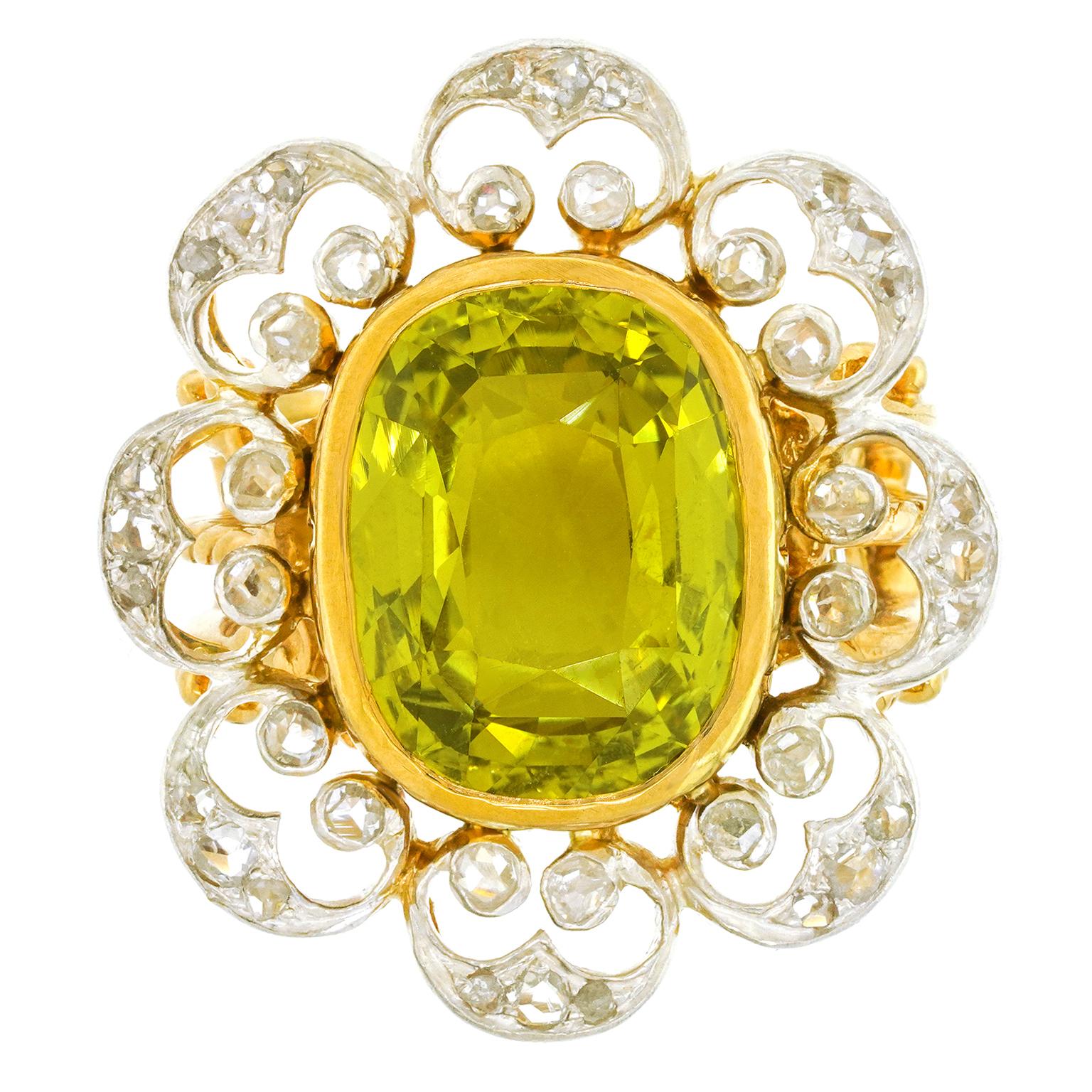 Victorian Natural Chrysoberyl in Antique Mounting with Rose-Cut Diamonds GIA
