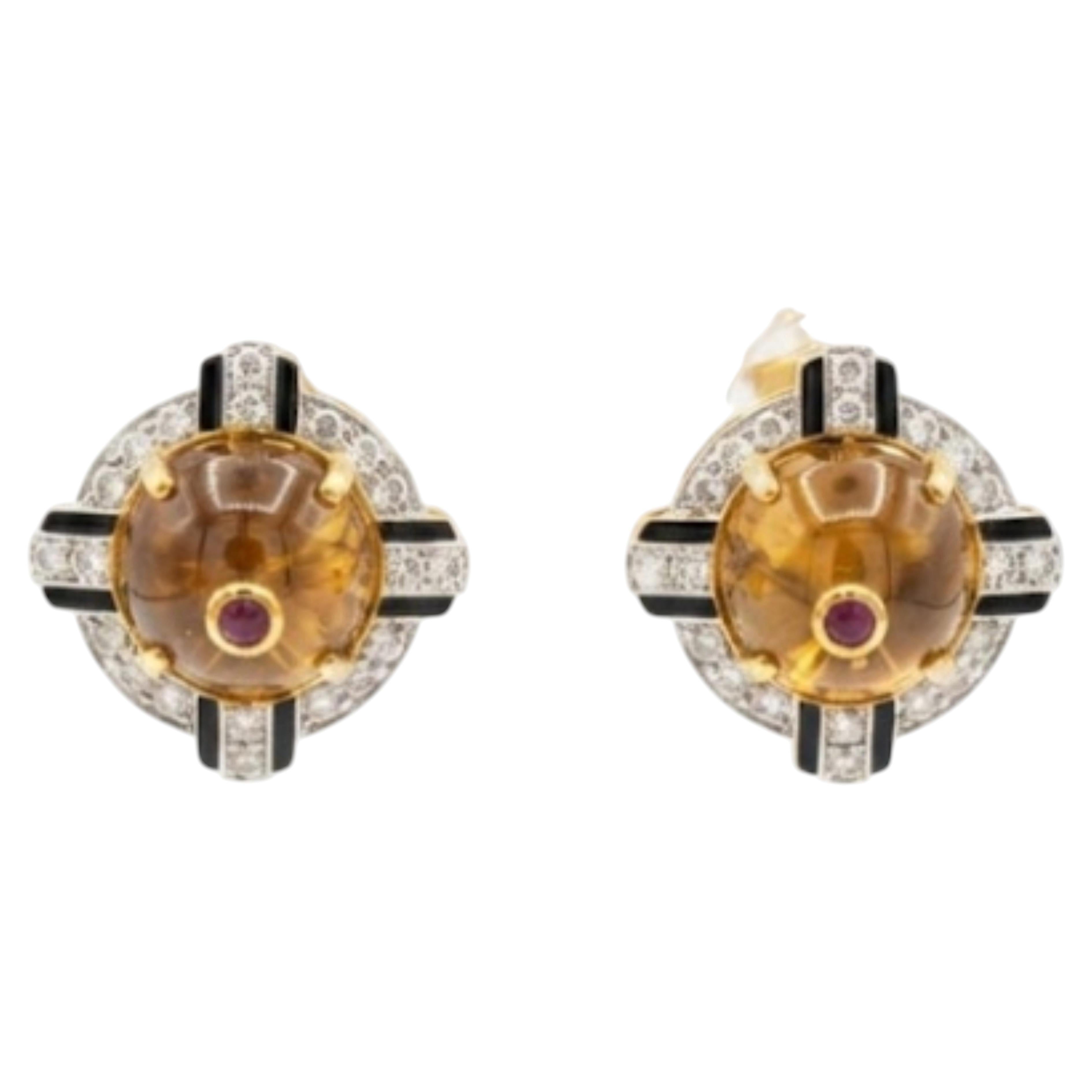 14K Yellow Gold Citrine & Diamond Stud Earrings, India