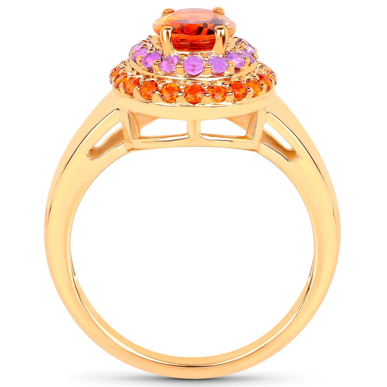 Women's or Men's Natural Citrine Cocktail Ring Amethyst Halo 14K Gold Plated Silver For Sale
