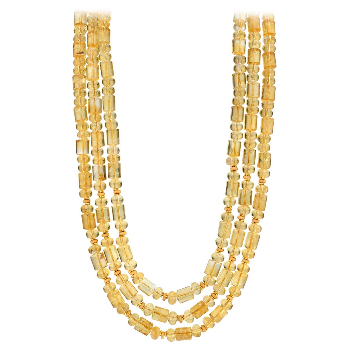 3-Strand Citrine Rondelle and Barrel Shaped Bead Necklace w/ 14k and 18k Gold 