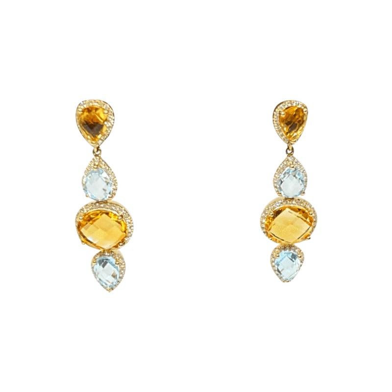 Natural Citrine, Blue Topaz, Diamond Dangle Drop Post Earrings 6.85ctw 14k For Sale