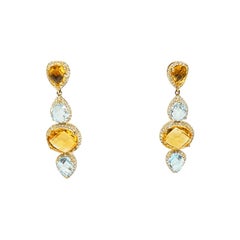 Boucles d'oreilles pendantes en or 14 carats avec citrine naturelle, topaze bleue et diamant 6,85 carats