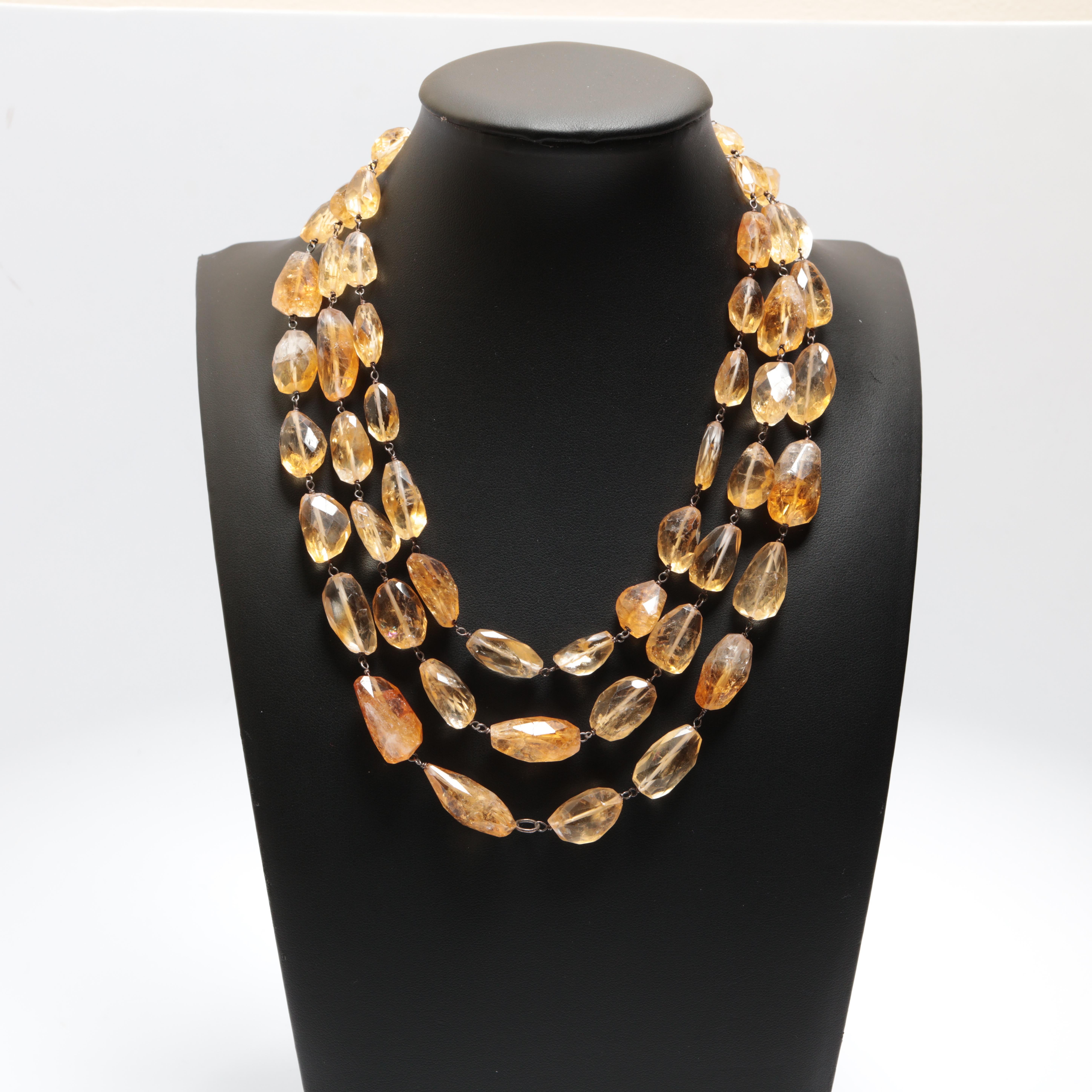 Collar Briolette de Citrino Natural en Plata de Ley Envuelta a Mano, Tres vueltas en venta 1