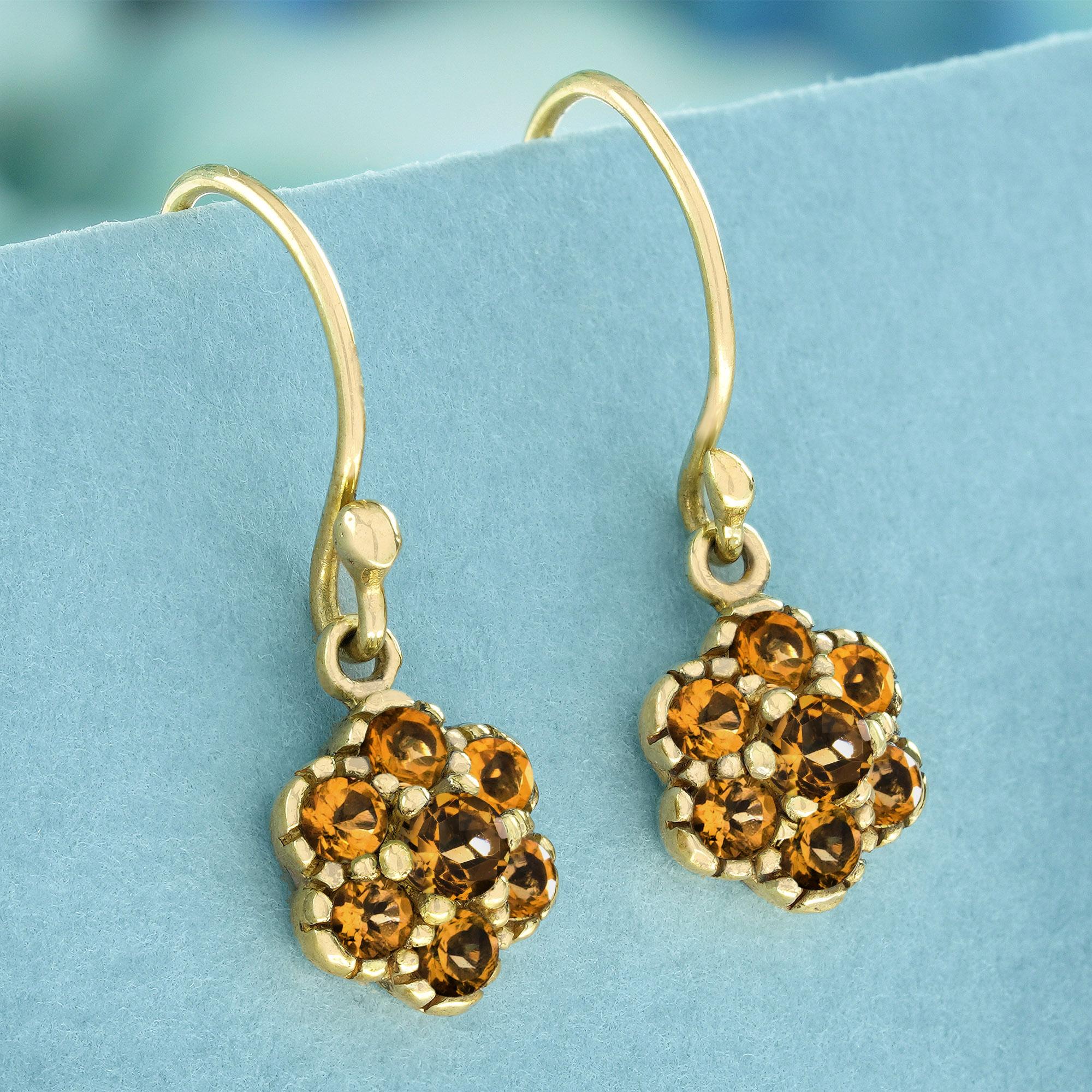 Natürliche Citrin Cluster Vintage-Ohrringe im Vintage-Stil mit Blumentropfen aus massivem 9K Gold (Edwardian) im Angebot