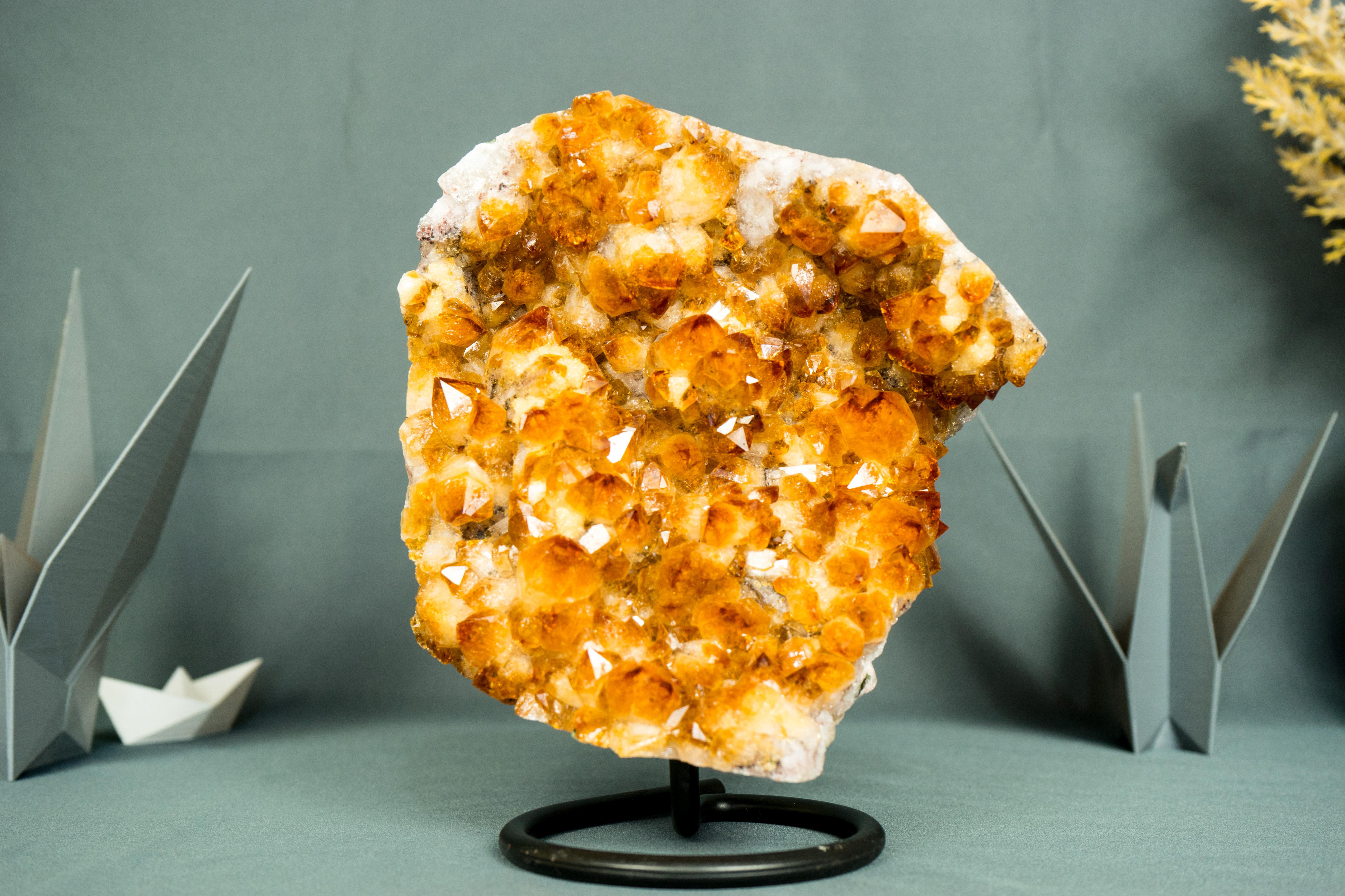 Contemporary Natural Citrine Cluster with Superb Deep Orange Citrine Druzy and Rosette Flower For Sale