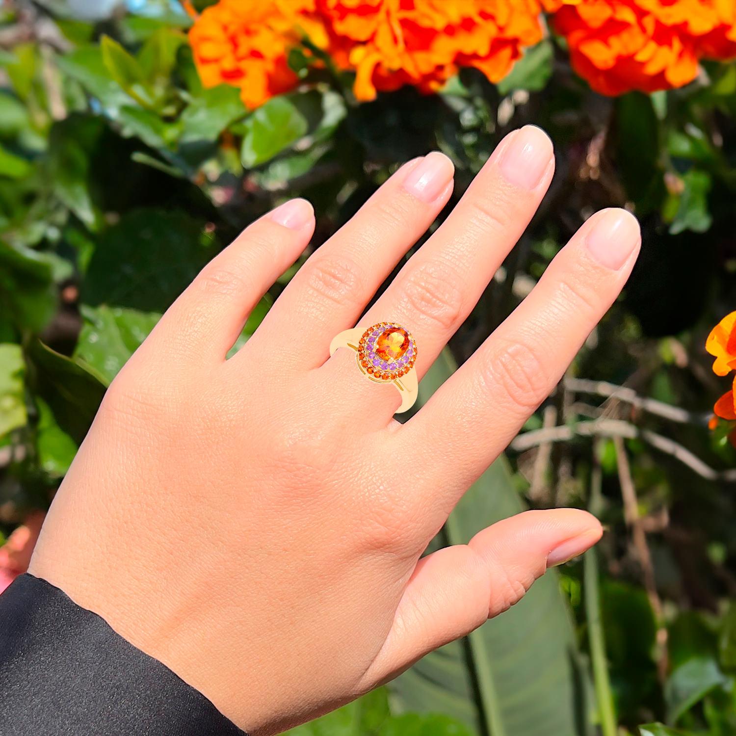 Contemporary Natural Citrine Cocktail Ring Amethyst Halo 14K Gold Plated Silver For Sale