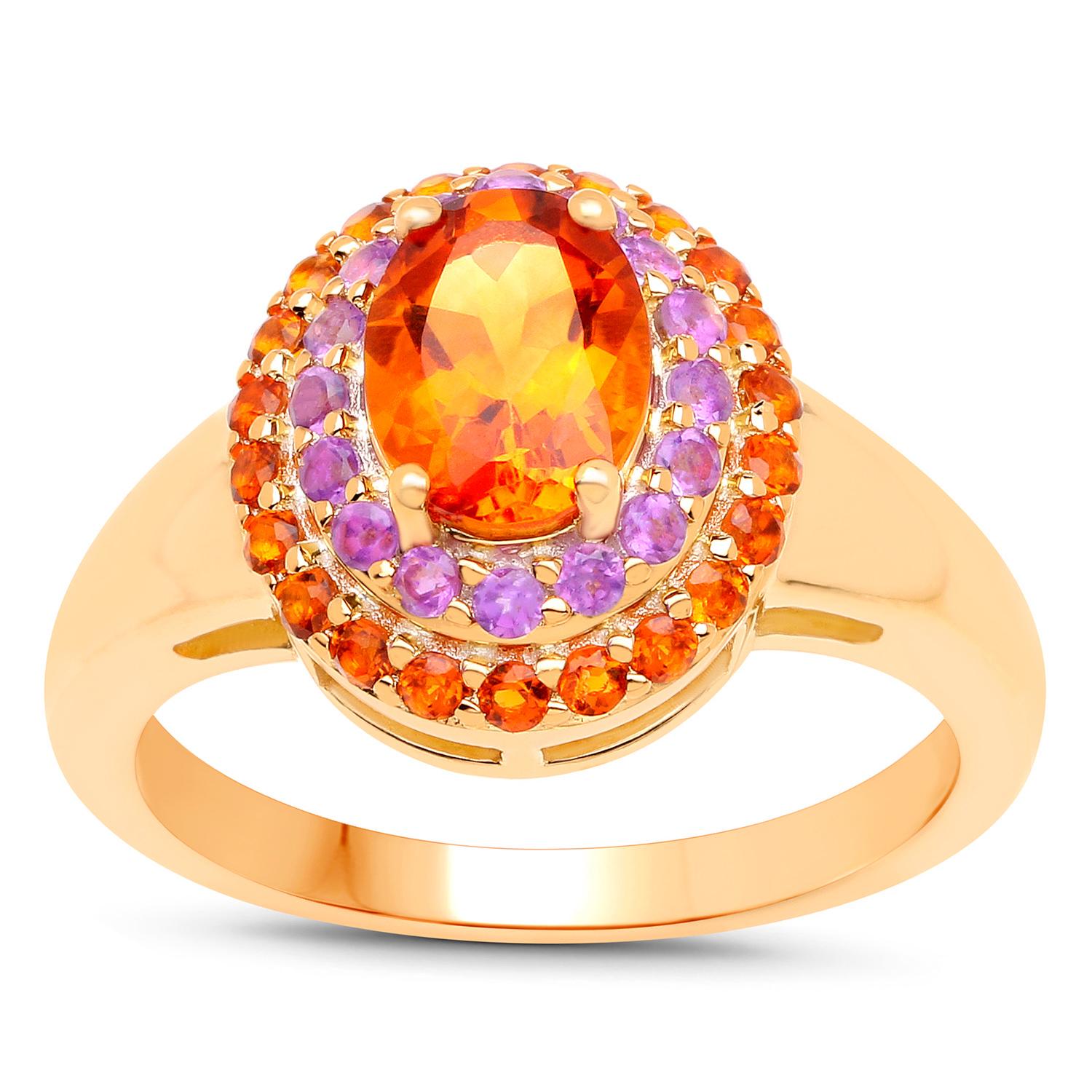 Natural Citrine Cocktail Ring Amethyst Halo 14K Gold Plated Silver In Excellent Condition For Sale In Aliso Viejo, CA