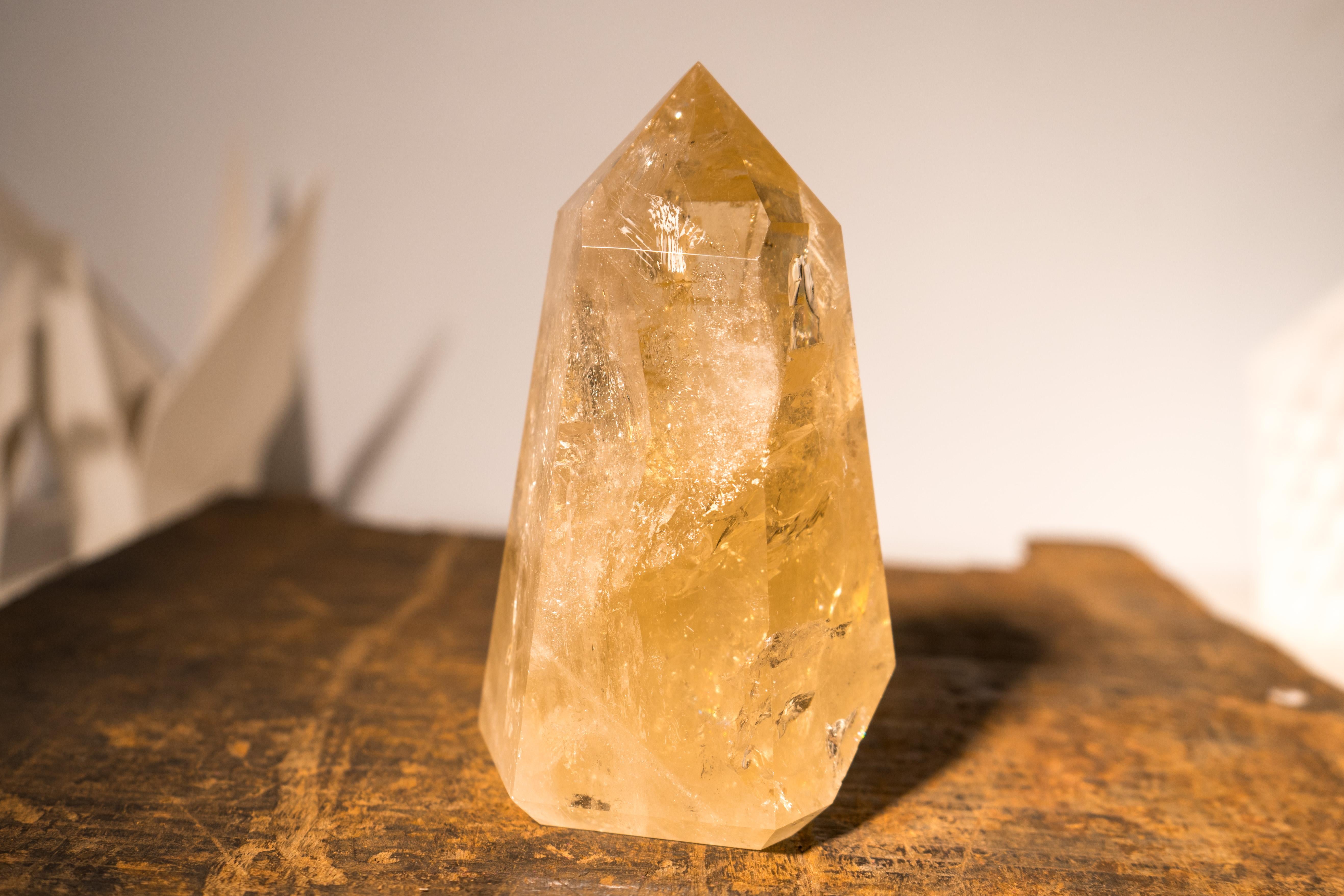 Contemporary Natural Citrine Crystal Quartz Obelisk, Genuine Yellow Citrine Point Generator For Sale