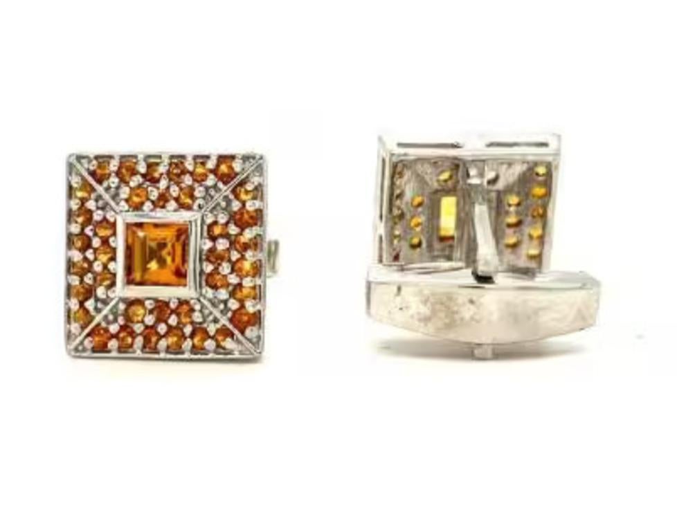 Mixed Cut Square Shape Citrine Studded Cufflinks Made in 925 Sterling Silver For Sale