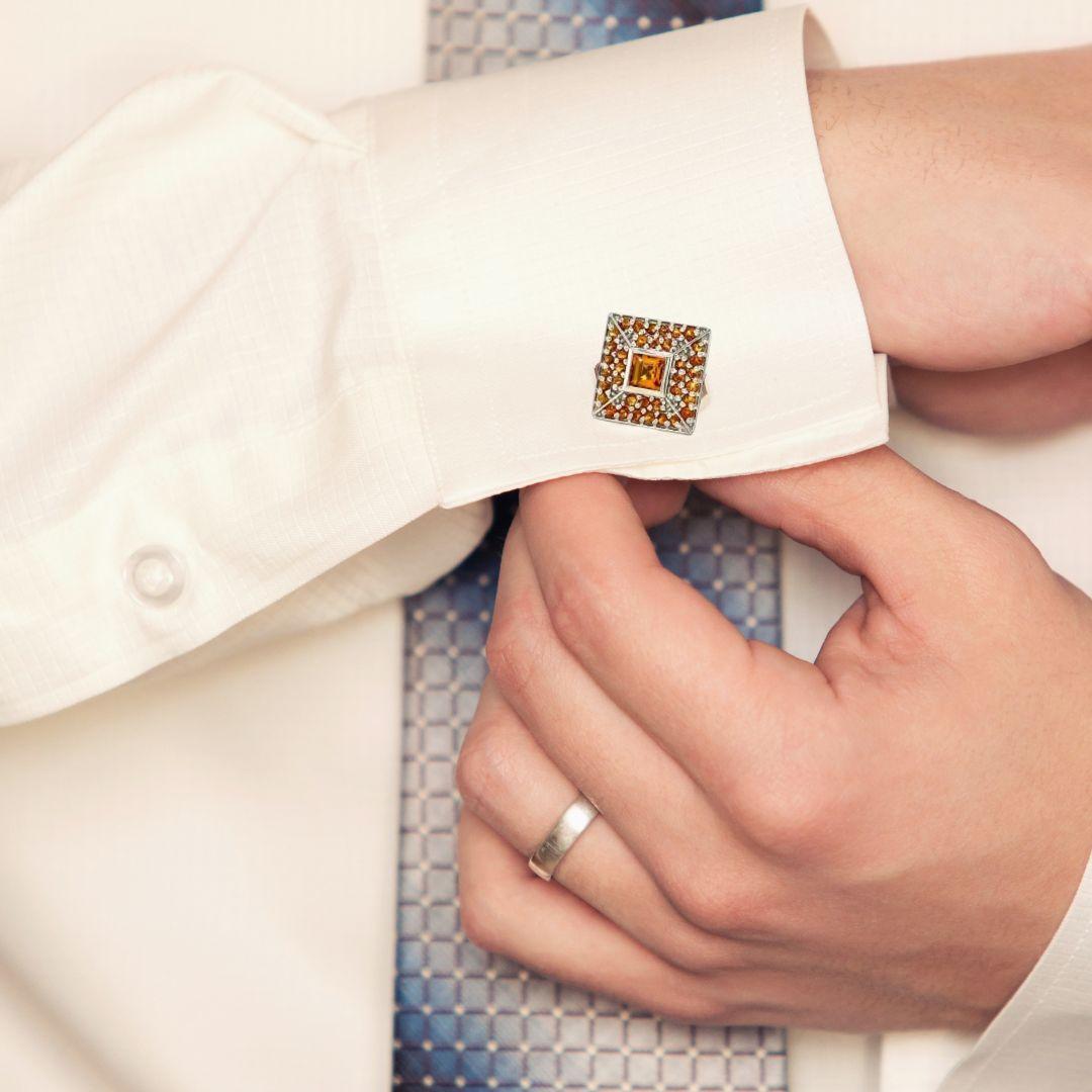 Square Shape Citrine Studded Cufflinks Made in 925 Sterling Silver In New Condition For Sale In Houston, TX