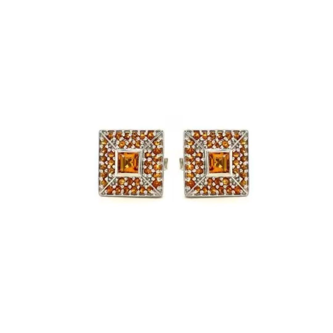 Women's or Men's Square Shape Citrine Studded Cufflinks Made in 925 Sterling Silver For Sale