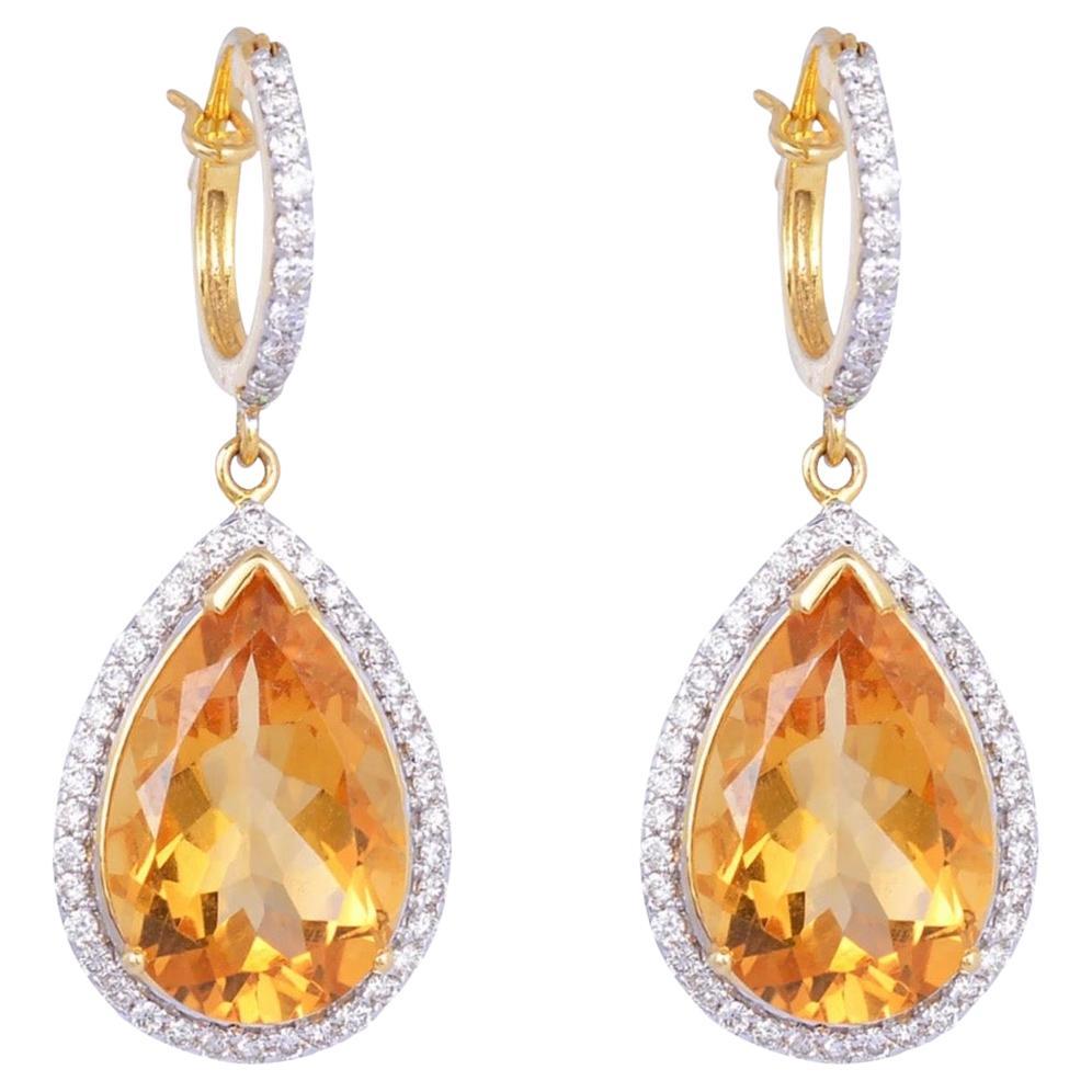 Boucles d'oreilles à clous en or 14 carats, ornées de citrine et de diamants, Inde, diamants de 0,71 ct