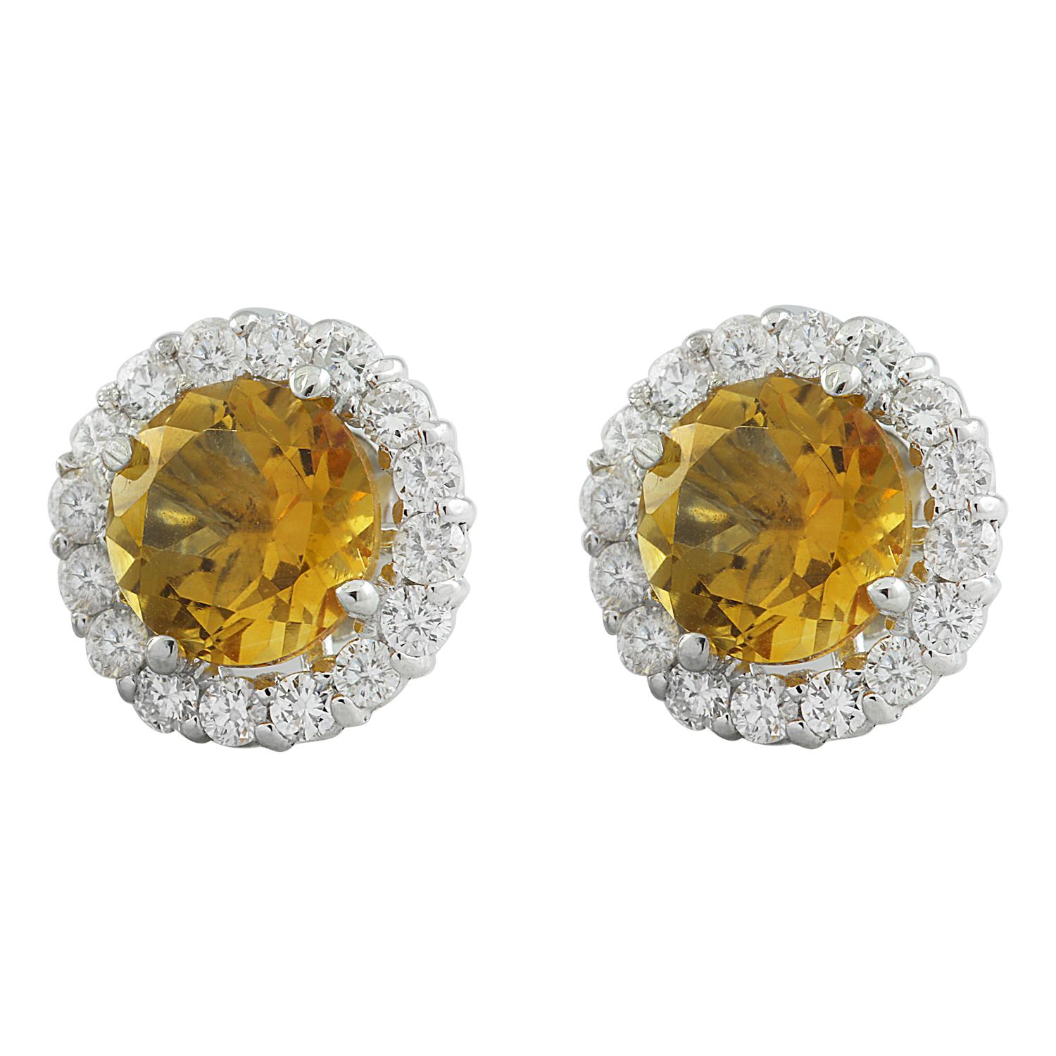 3.65 Carat Natural Citrine 14 Karat Solid White Gold Diamond Earrings
Stamped: 14K 
Total Earrings Weight: 1.5 Grams 
Citrine Weight: 3.00 Carat (7.00x7.00 Millimeters)  
Diamond Weight: 0.65 Carat (F-G Color, VS2-SI1 Clarity )
Quantity: 32
Face