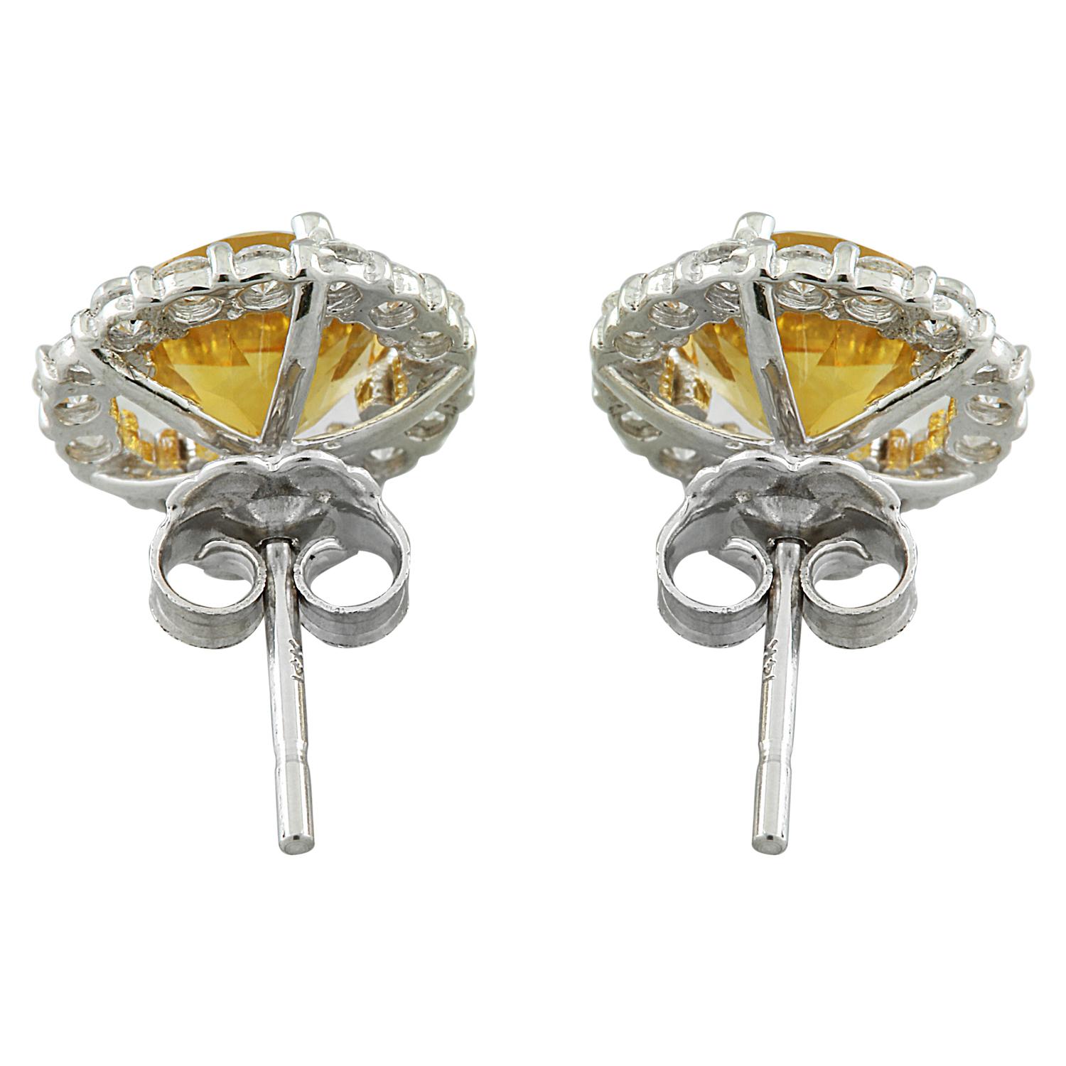 Round Cut Natural Citrine Diamond Earrings In 14 Karat White Gold For Sale