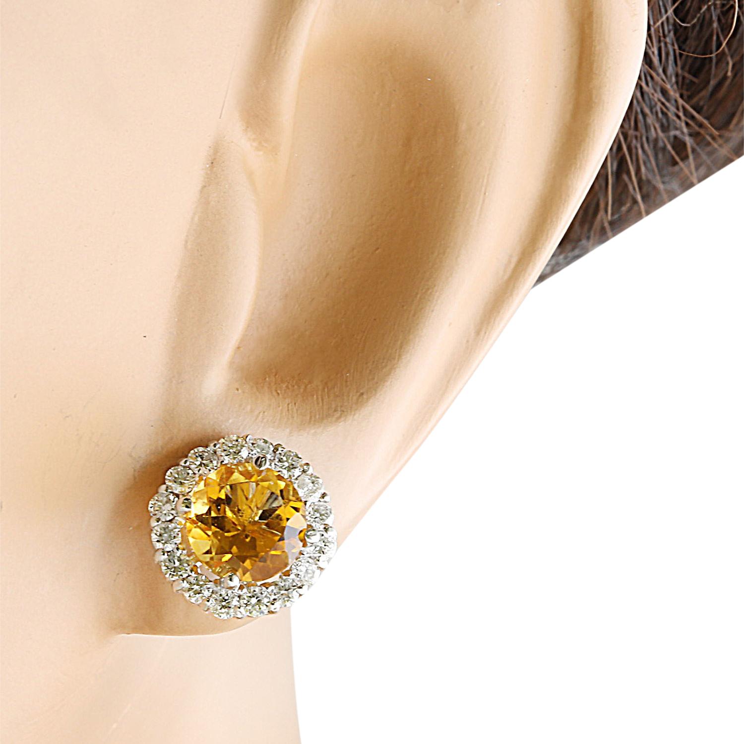 Women's Natural Citrine Diamond Earrings In 14 Karat White Gold For Sale