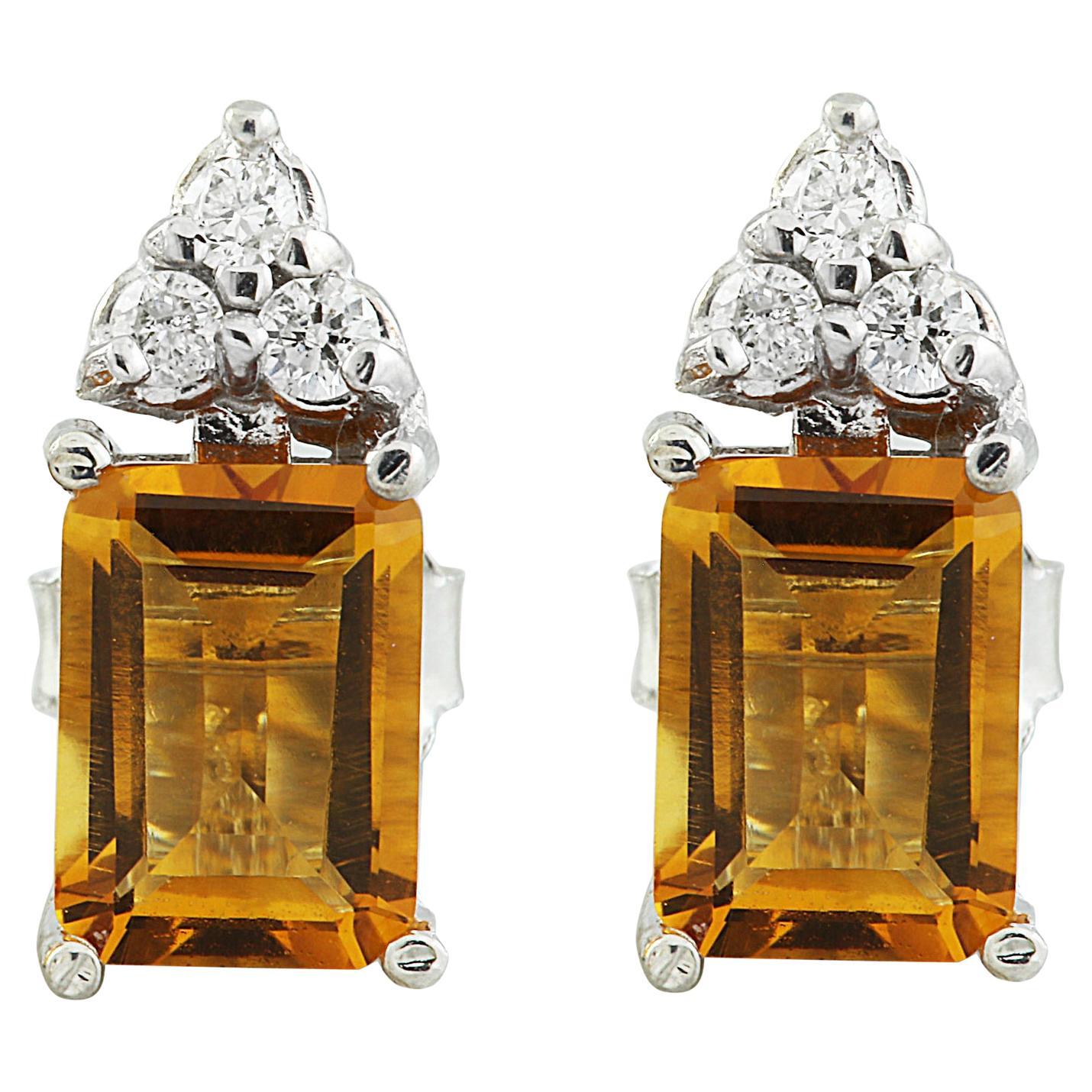 Natural Citrine Diamond Earrings In 14 Karat White Gold For Sale