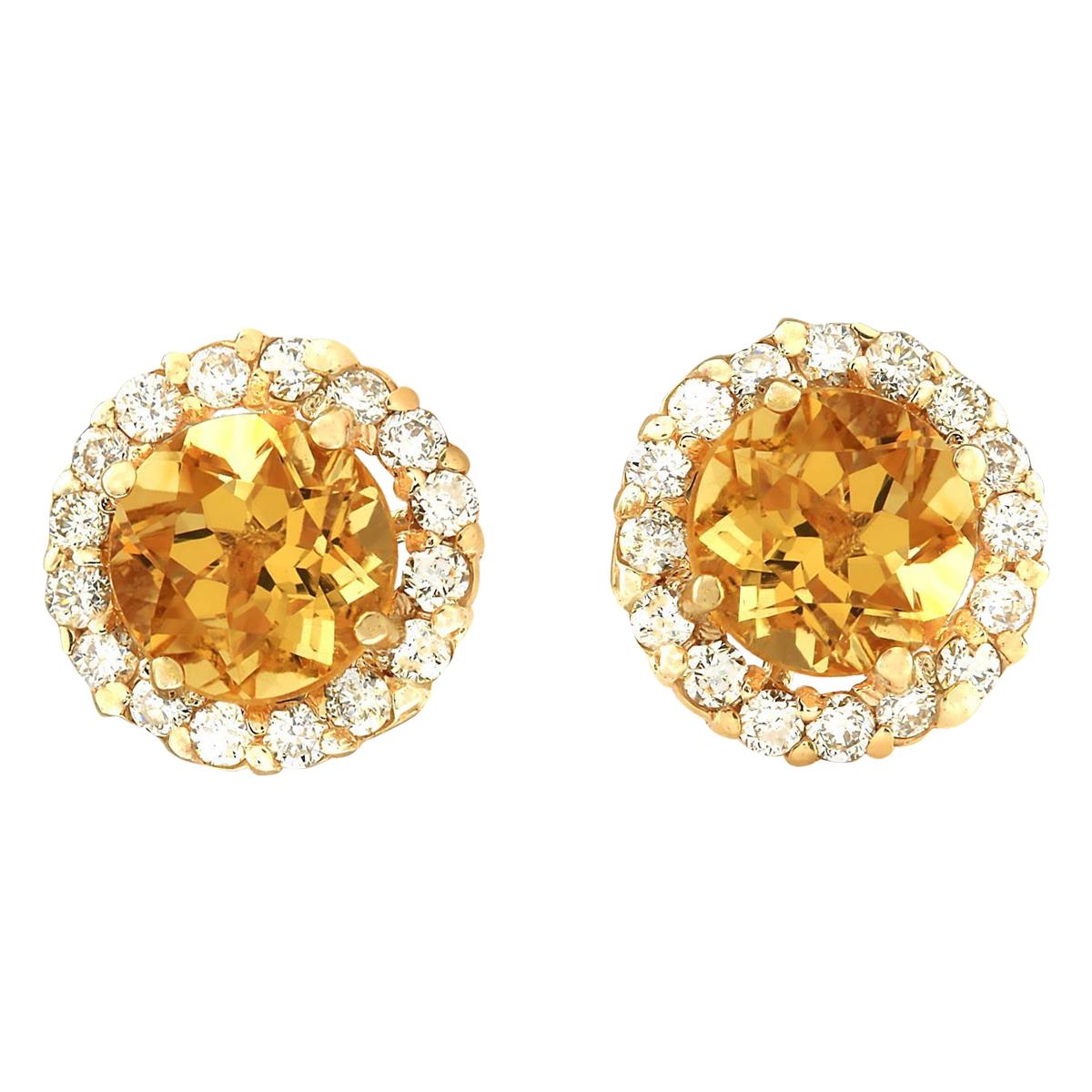 Round Cut Natural Citrine Diamond Earrings In 14 Karat Yellow Gold  For Sale