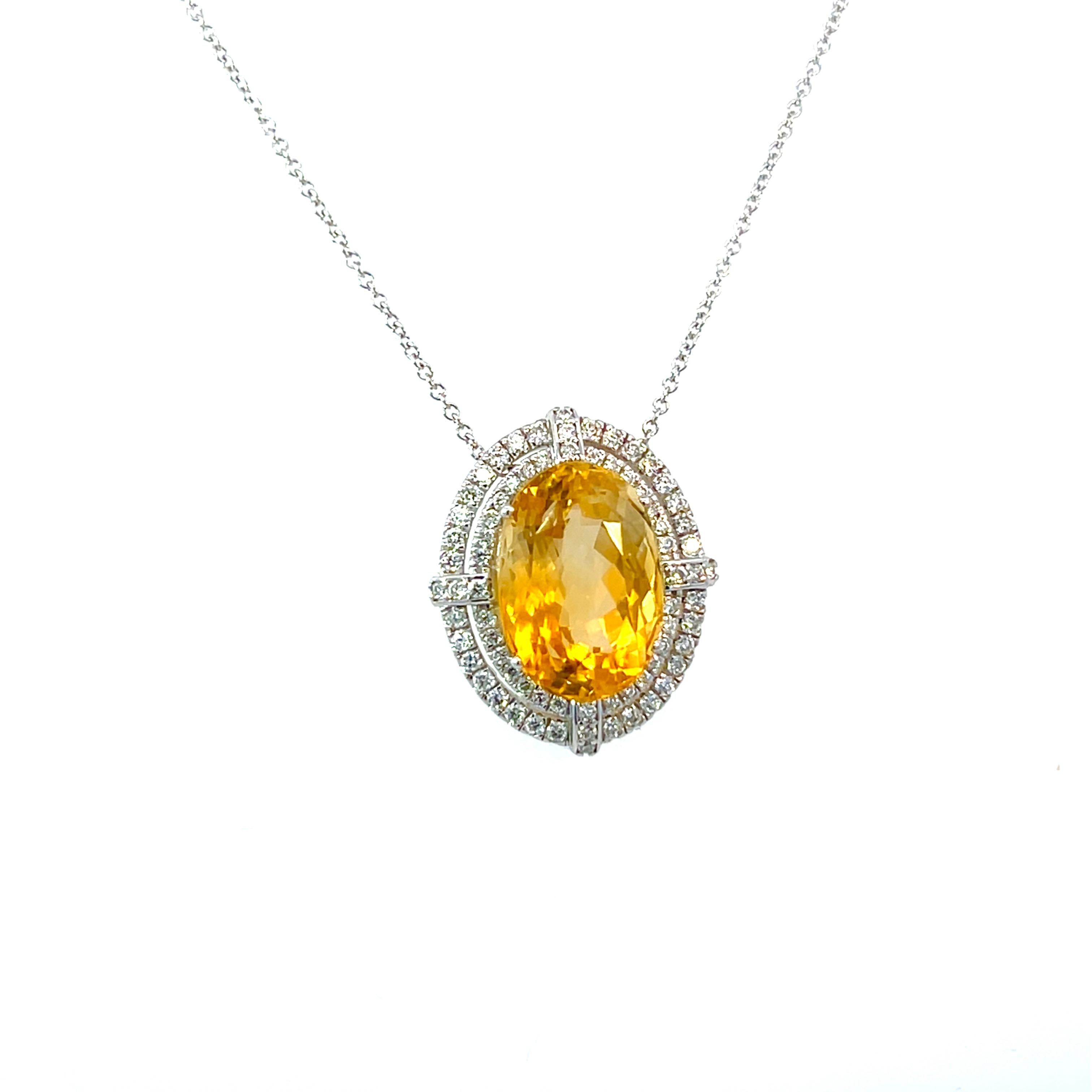 Oval Cut Natural Citrine Diamond Necklace 14k Gold 11.93 TCW Certified For Sale