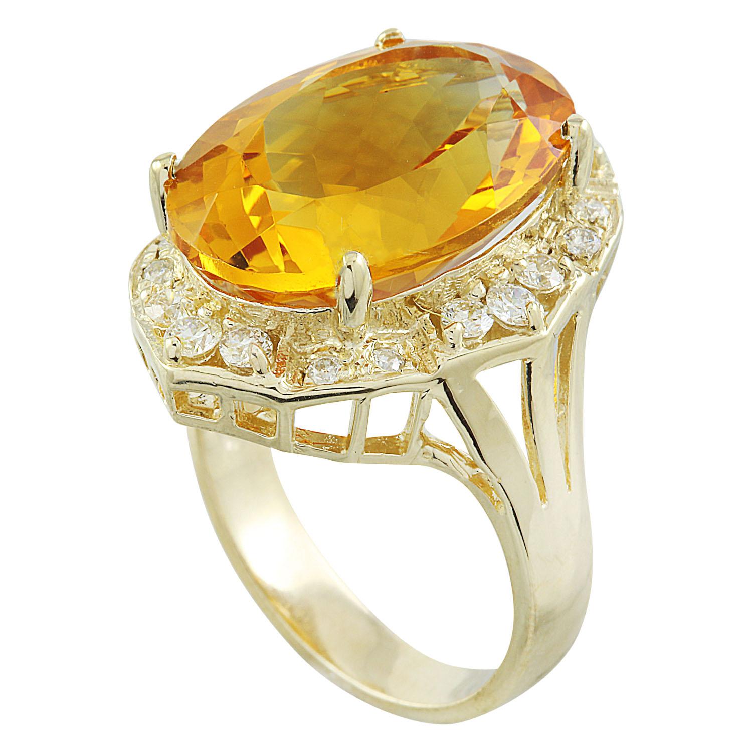 12.20 Carat Natural Citrine 14 Karat Solid Yellow Gold Diamond Ring
Stamped: 14K 
Total Ring Weight: 6 Grams 
Citrine Weight 11.60 Carat (18.00x13.00 Millimeters)
Diamond Weight: 0.60 carat (F-G Color, VS2-SI1 Clarity )
Face Measures: 23.40x18.30