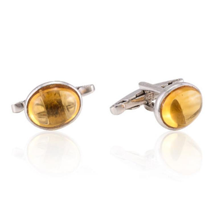 Dainty Oval Cut Citrine Cufflinks in 925 Sterling Silver Gifts for Him In New Condition For Sale In Houston, TX