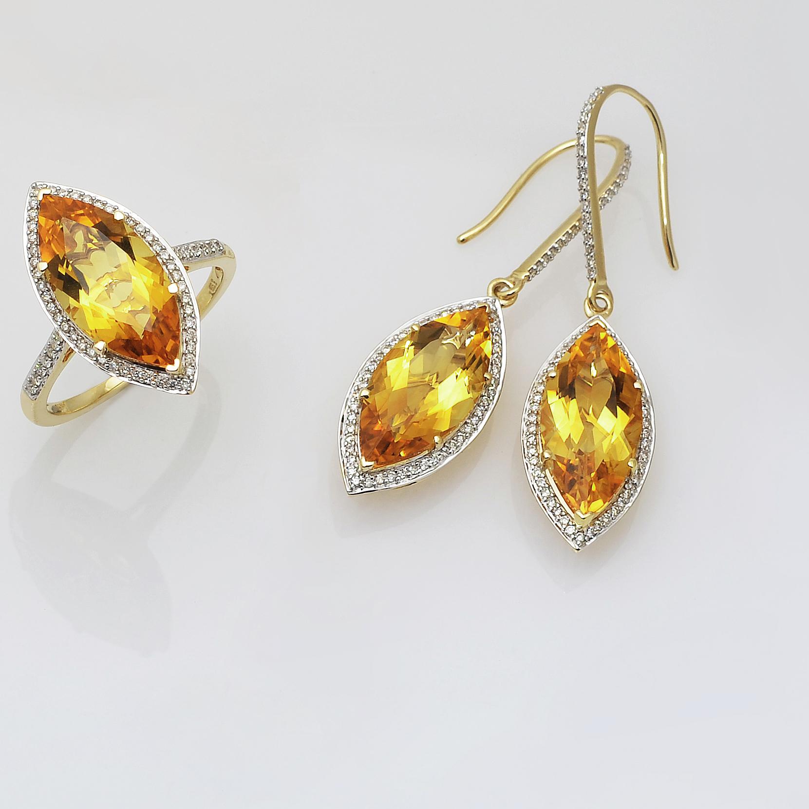 En vente :  Bague et boucles d'oreilles en or jaune 14k serties de diamants pour la Citrine Naturelle 8