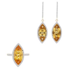 Natural Citrine Gemstone Ring, Earring Hand-crafted Set Diamond 14k Yellow Gold