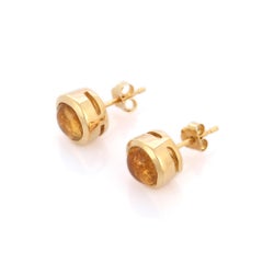 Natural Citrine Gemstone Ringed in 14 Karat Yellow Gold Dainty Stud Earrings