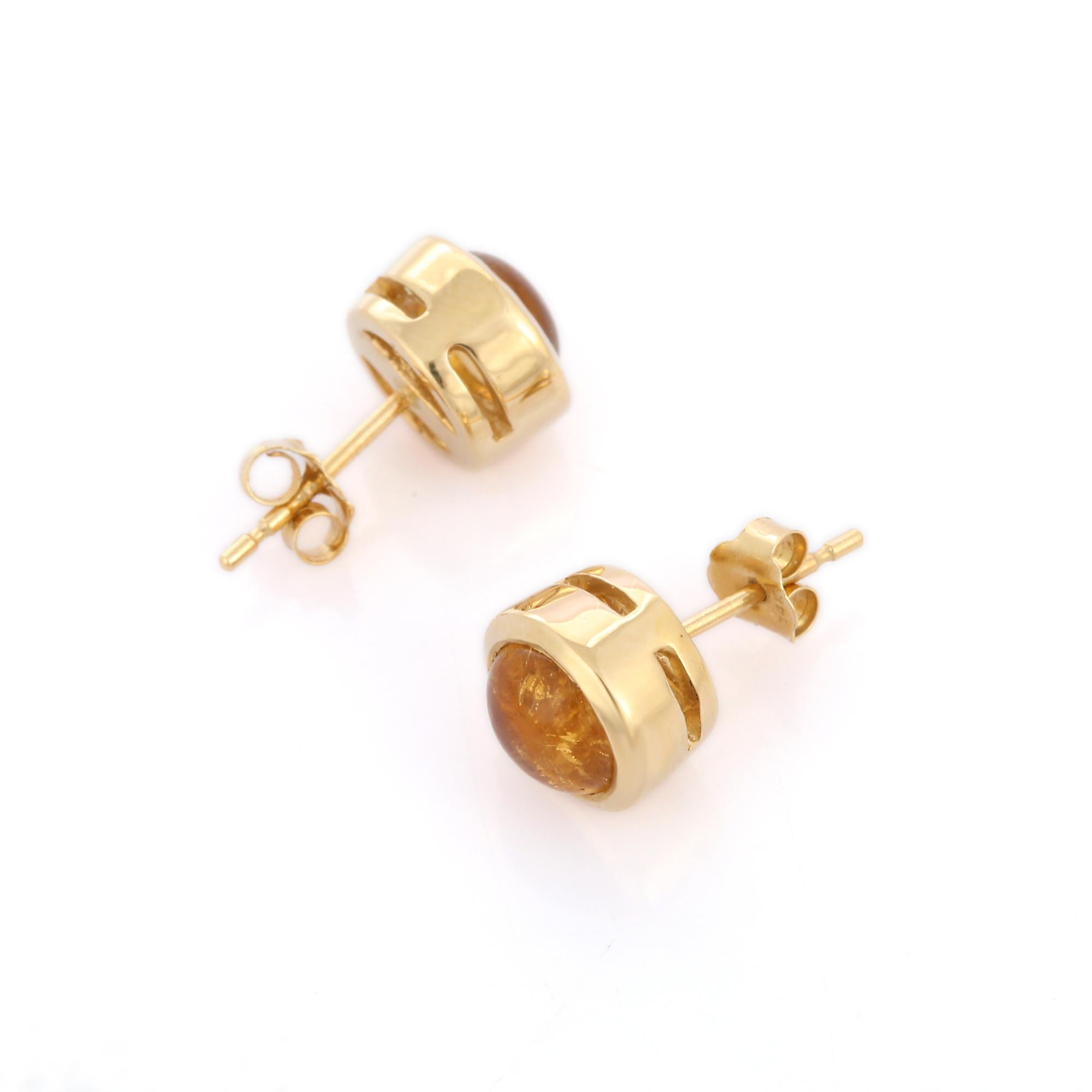 Modern Natural Citrine Gemstone Ringed in 14 Karat Yellow Gold Dainty Stud Earrings For Sale