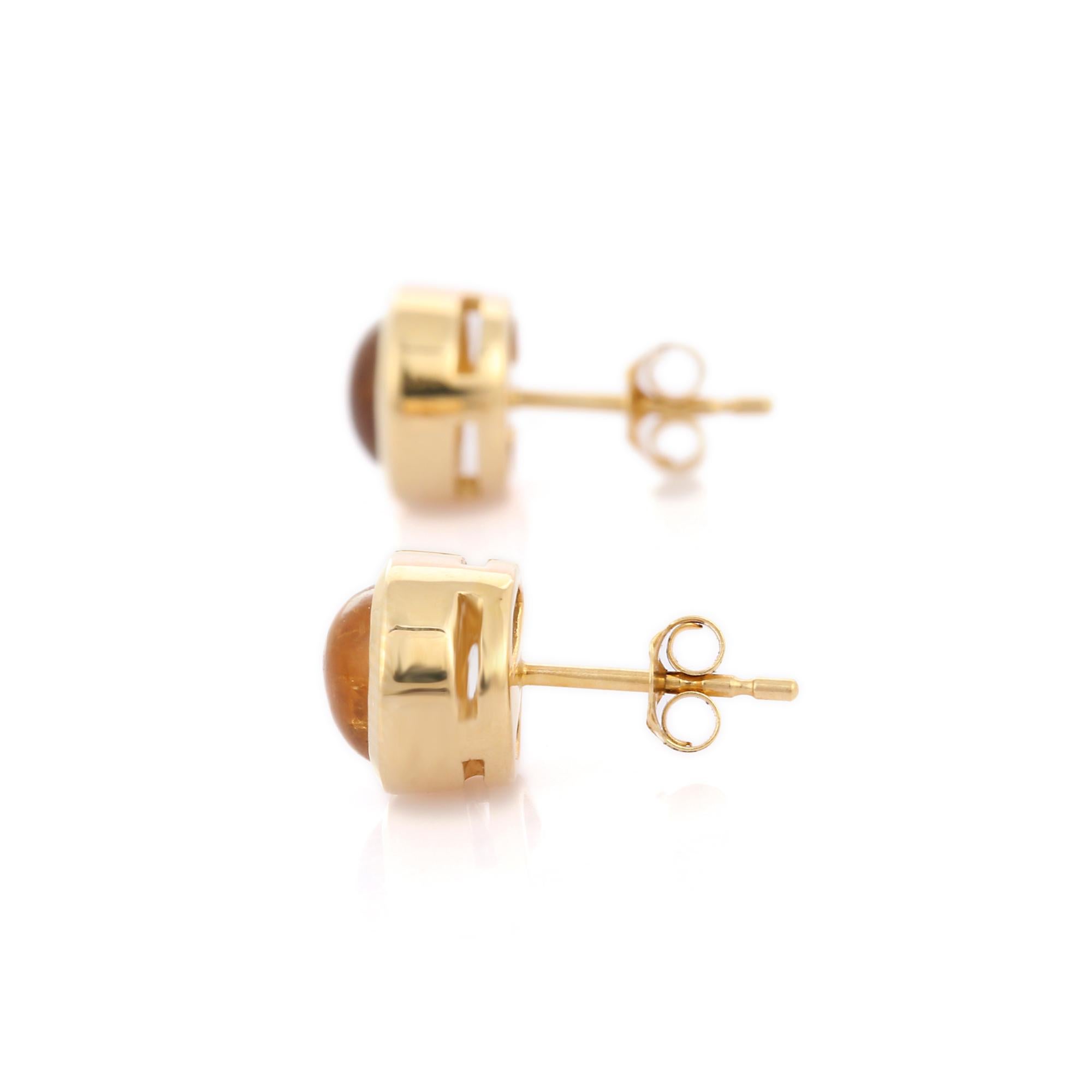 Round Cut Natural Citrine Gemstone Ringed in 14 Karat Yellow Gold Dainty Stud Earrings For Sale