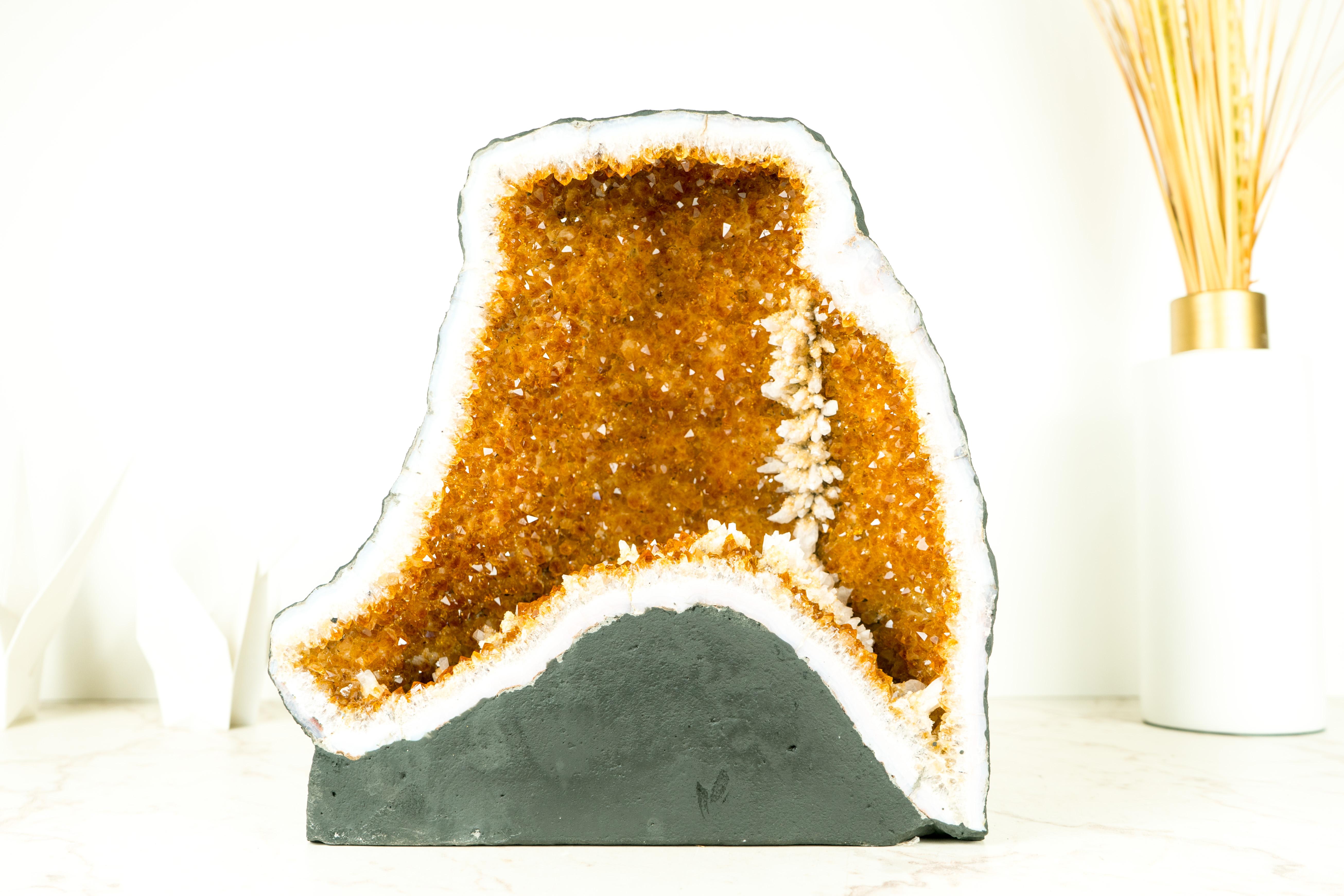 Natural Citrine Geode Cave with Orange Druzy Crystals and Calcite Flowers For Sale 6