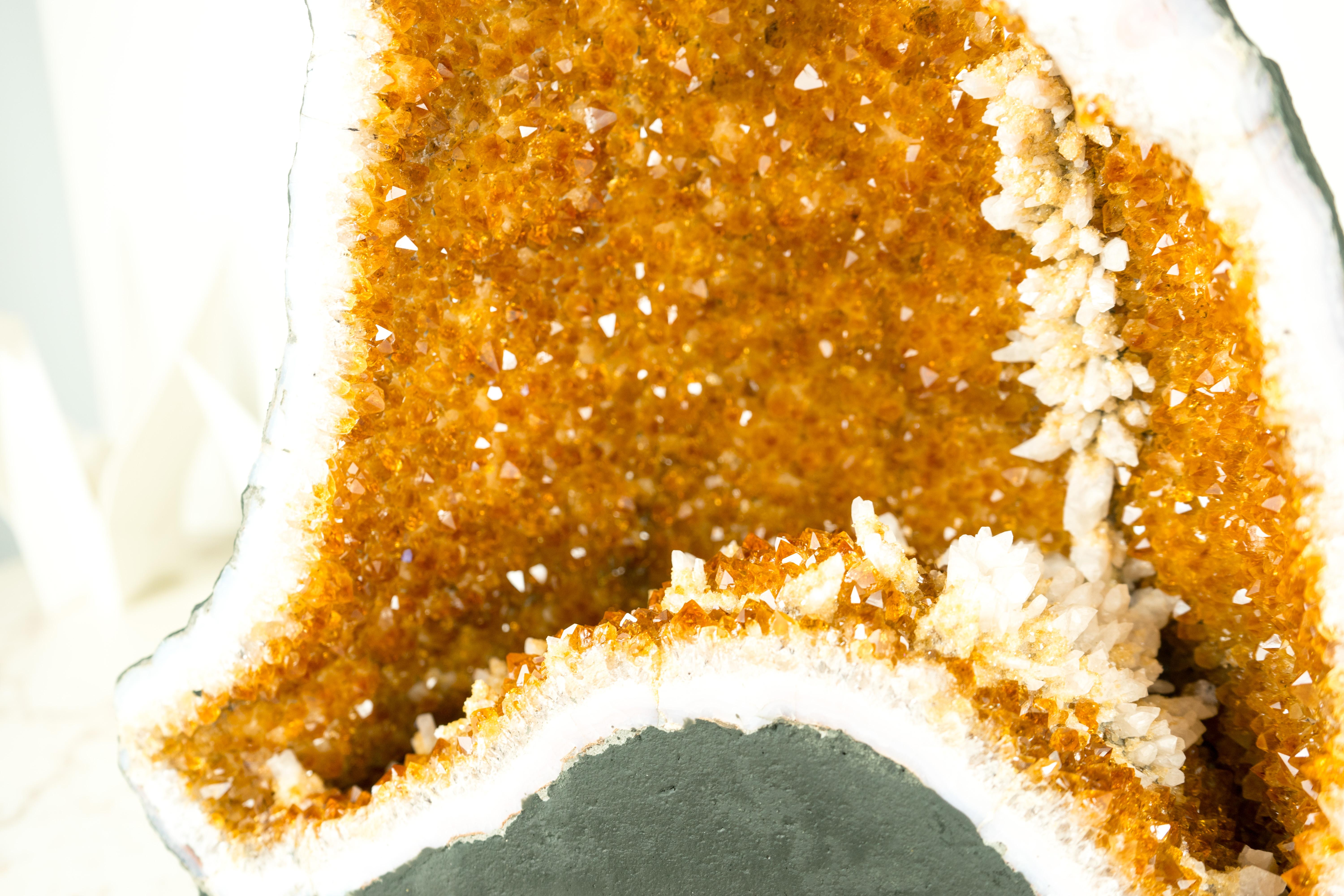 Contemporary Natural Citrine Geode Cave with Orange Druzy Crystals and Calcite Flowers For Sale