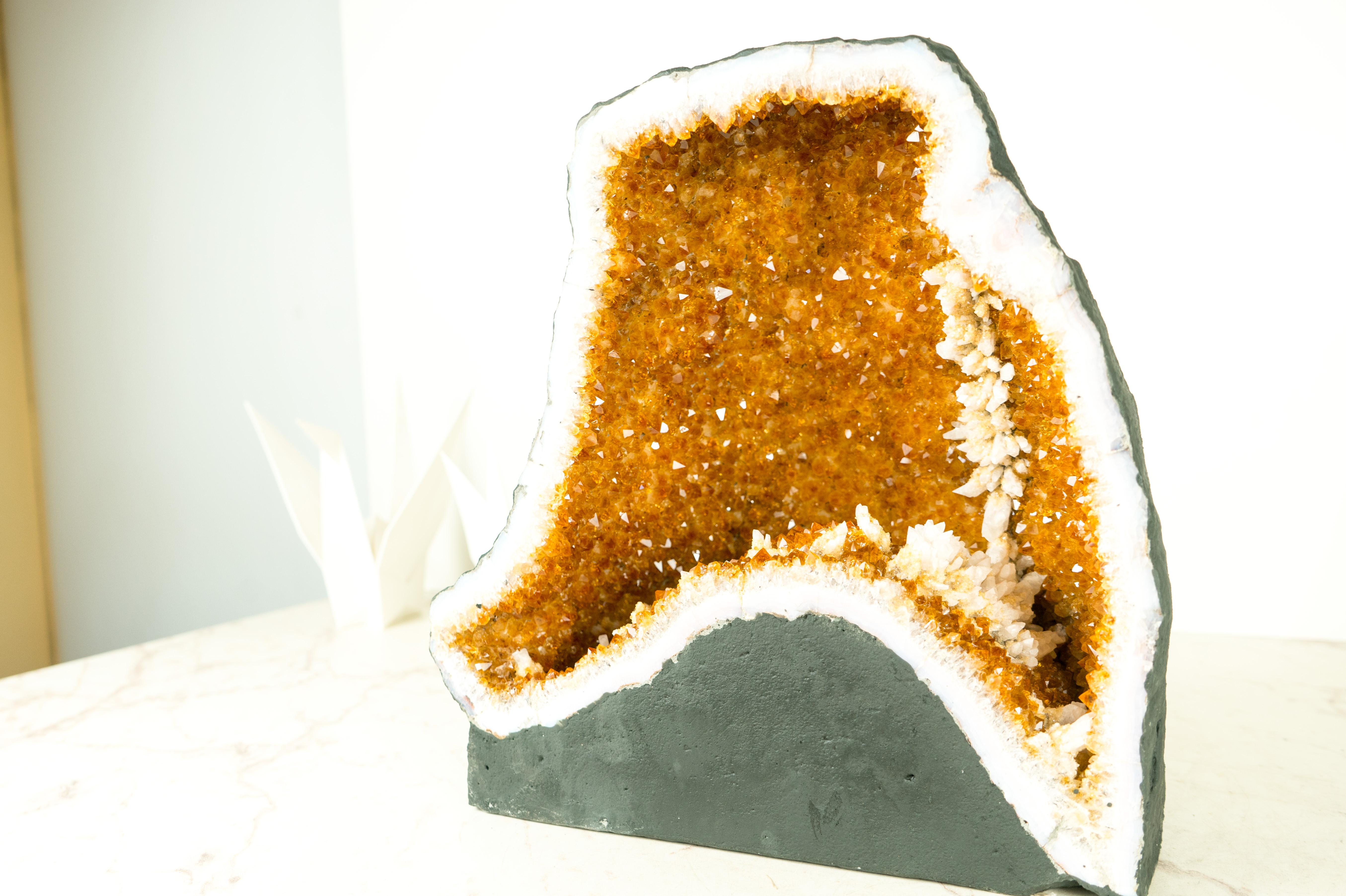 Natural Citrine Geode Cave with Orange Druzy Crystals and Calcite Flowers For Sale 1