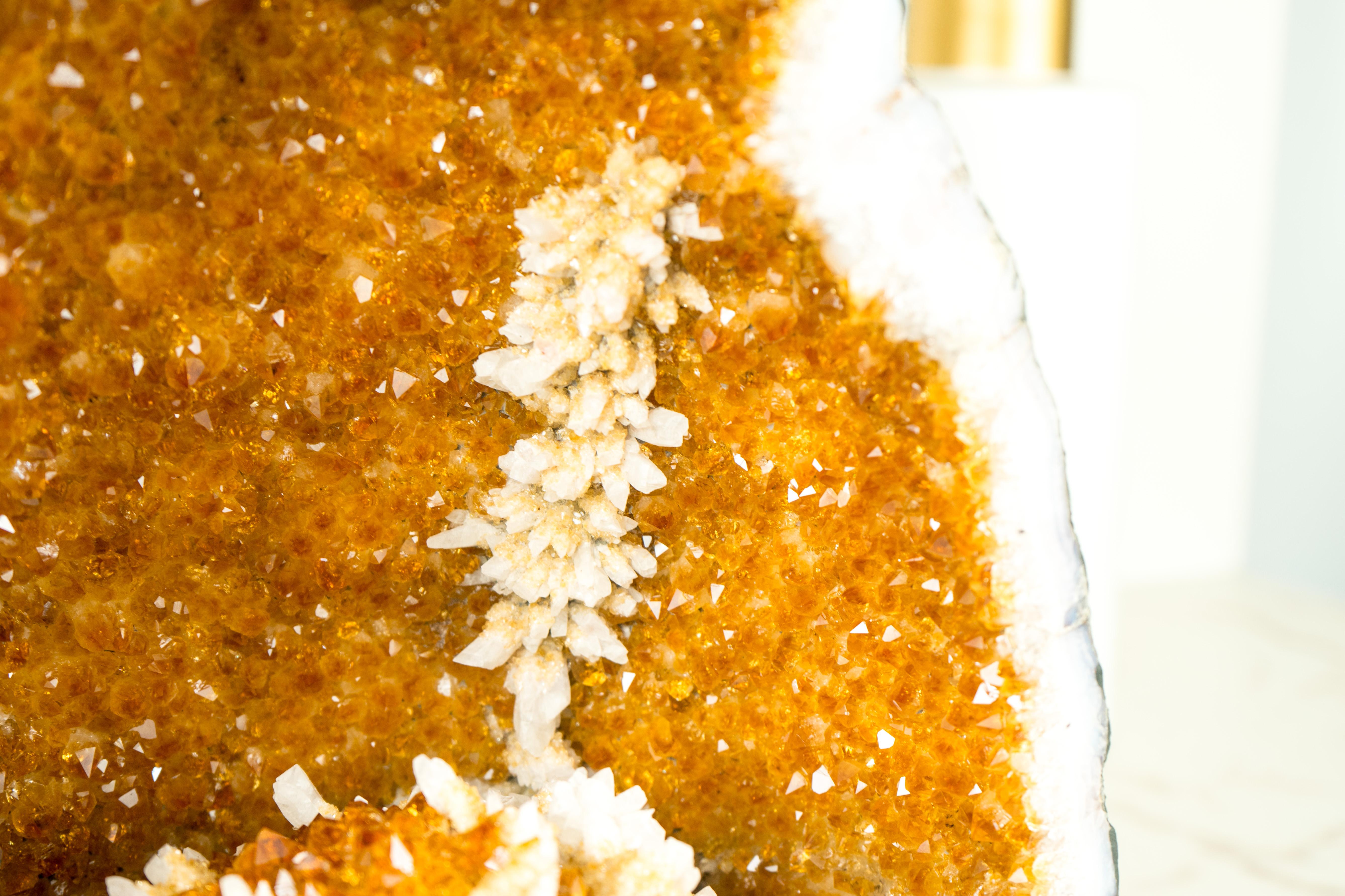 Natural Citrine Geode Cave with Orange Druzy Crystals and Calcite Flowers For Sale 3