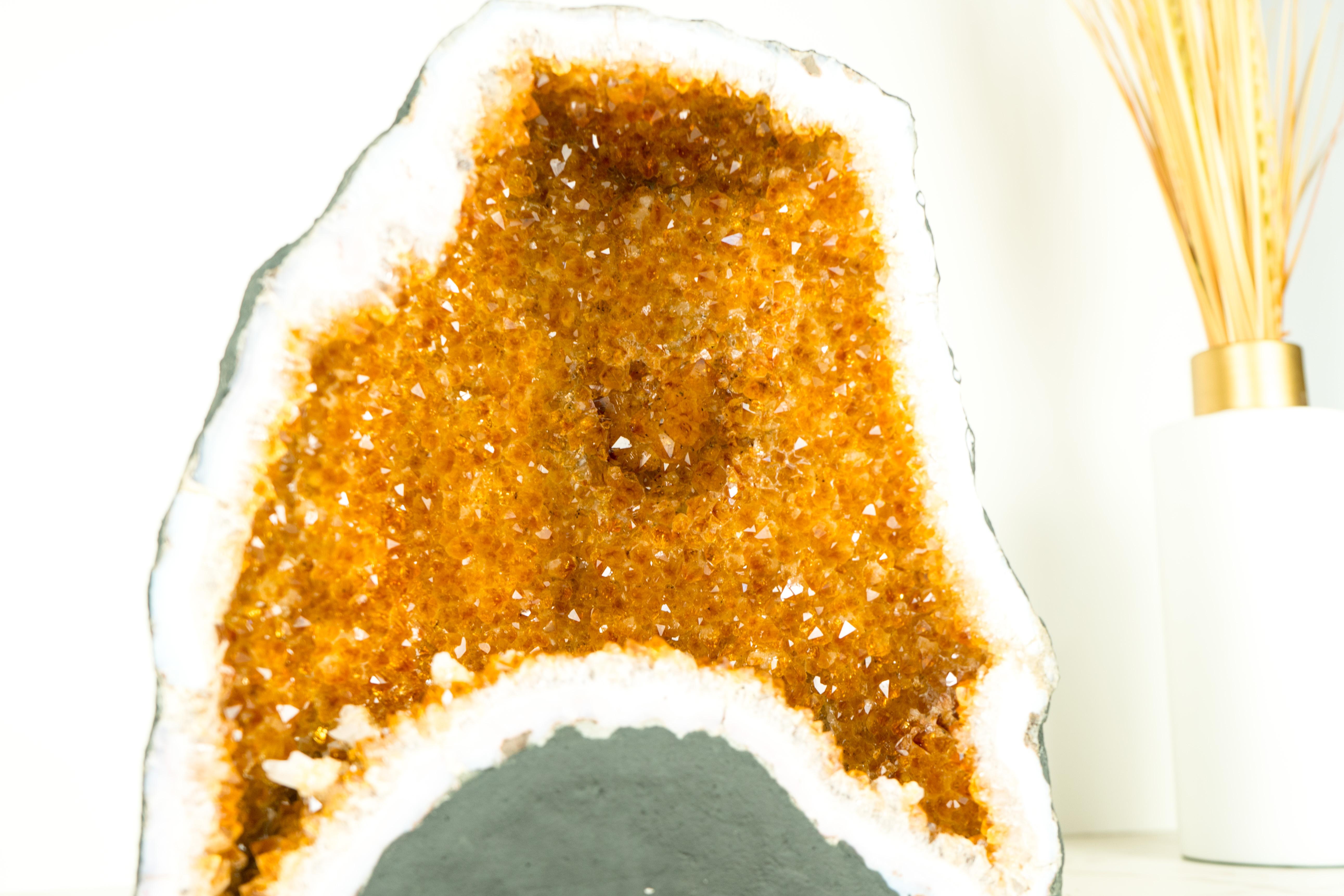 Natural Citrine Geode Cave with Orange Druzy Crystals and Calcite Inclusion For Sale 5