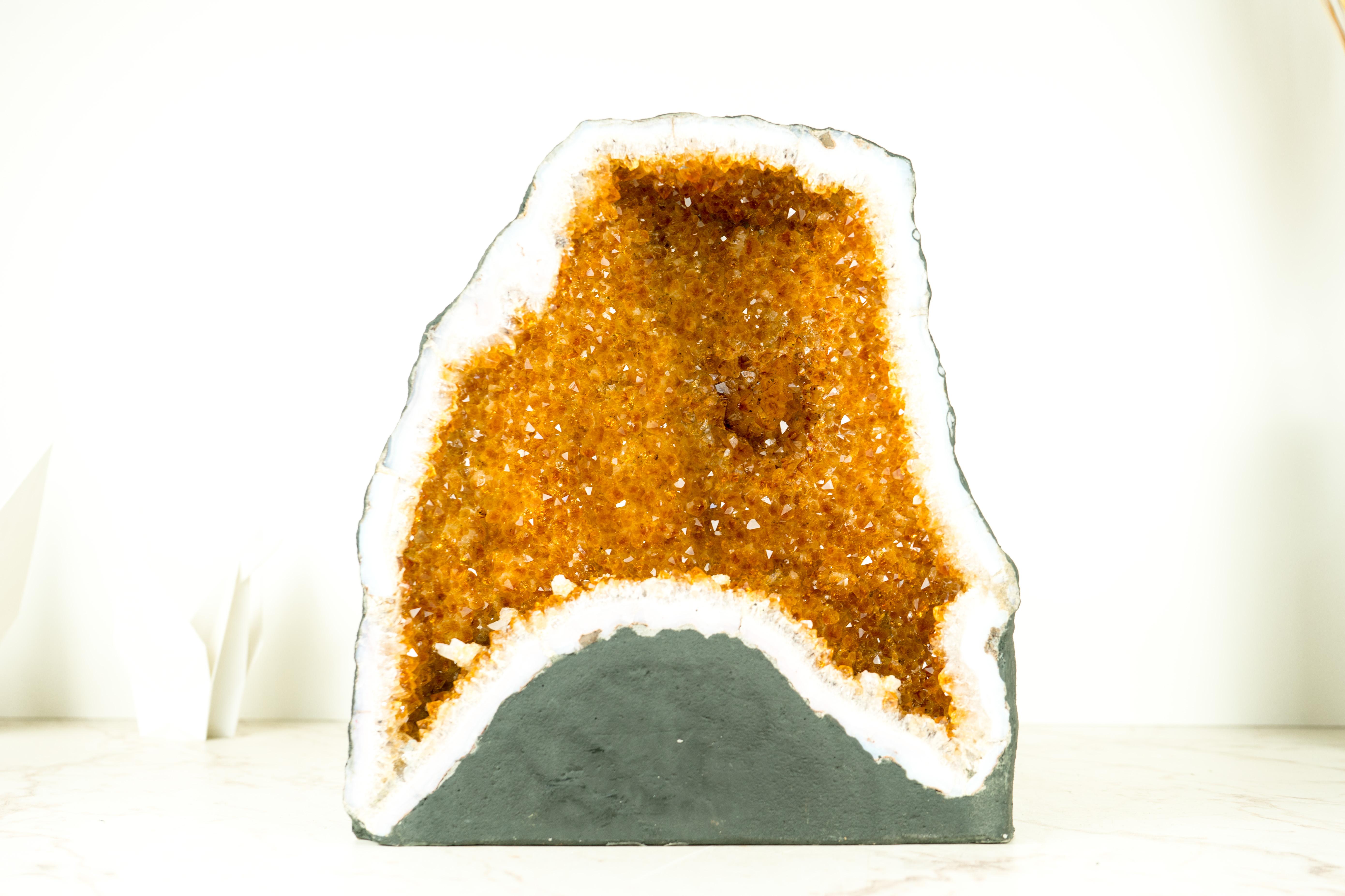 Natural Citrine Geode Cave with Orange Druzy Crystals and Calcite Inclusion For Sale 6