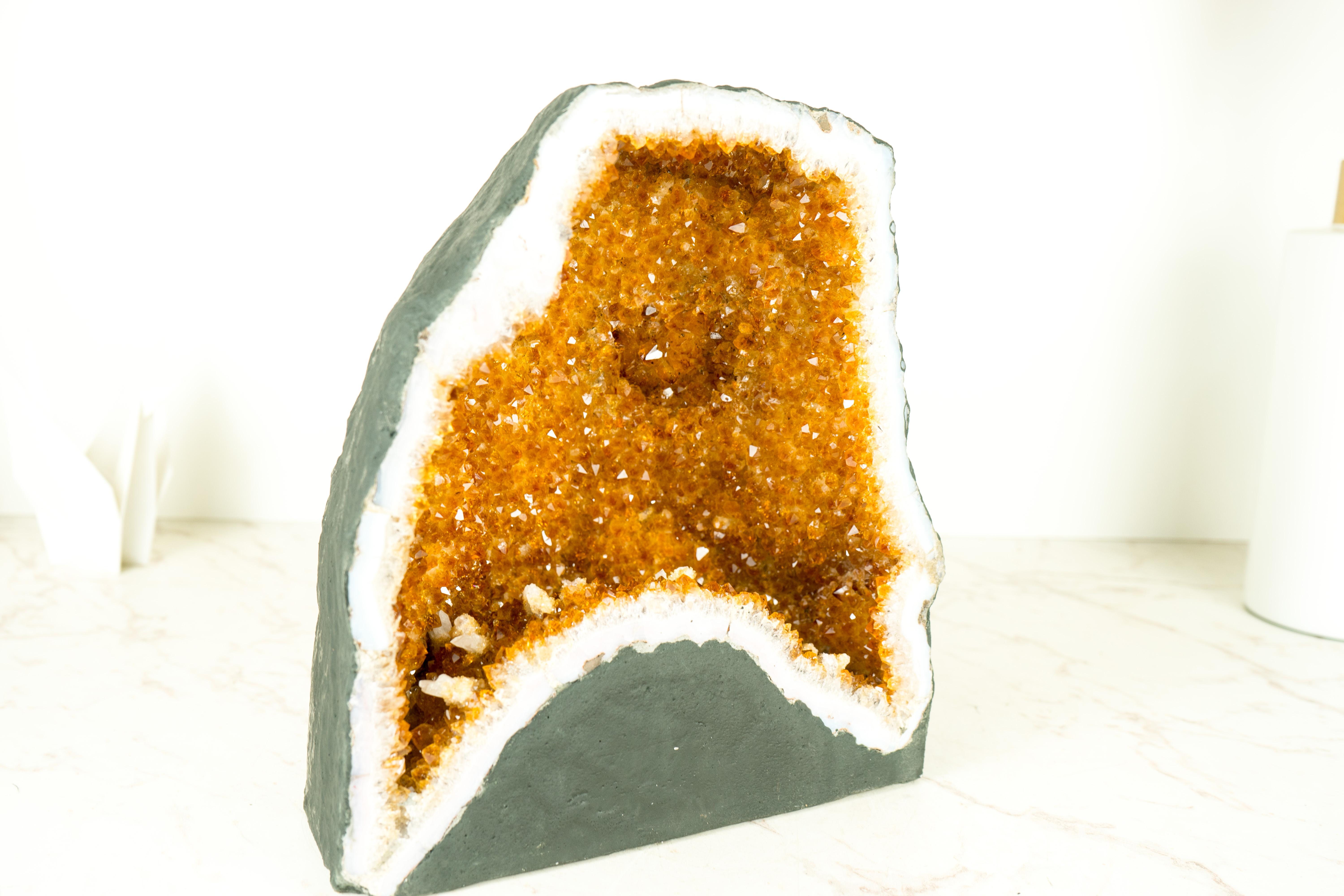 Brazilian Natural Citrine Geode Cave with Orange Druzy Crystals and Calcite Inclusion For Sale