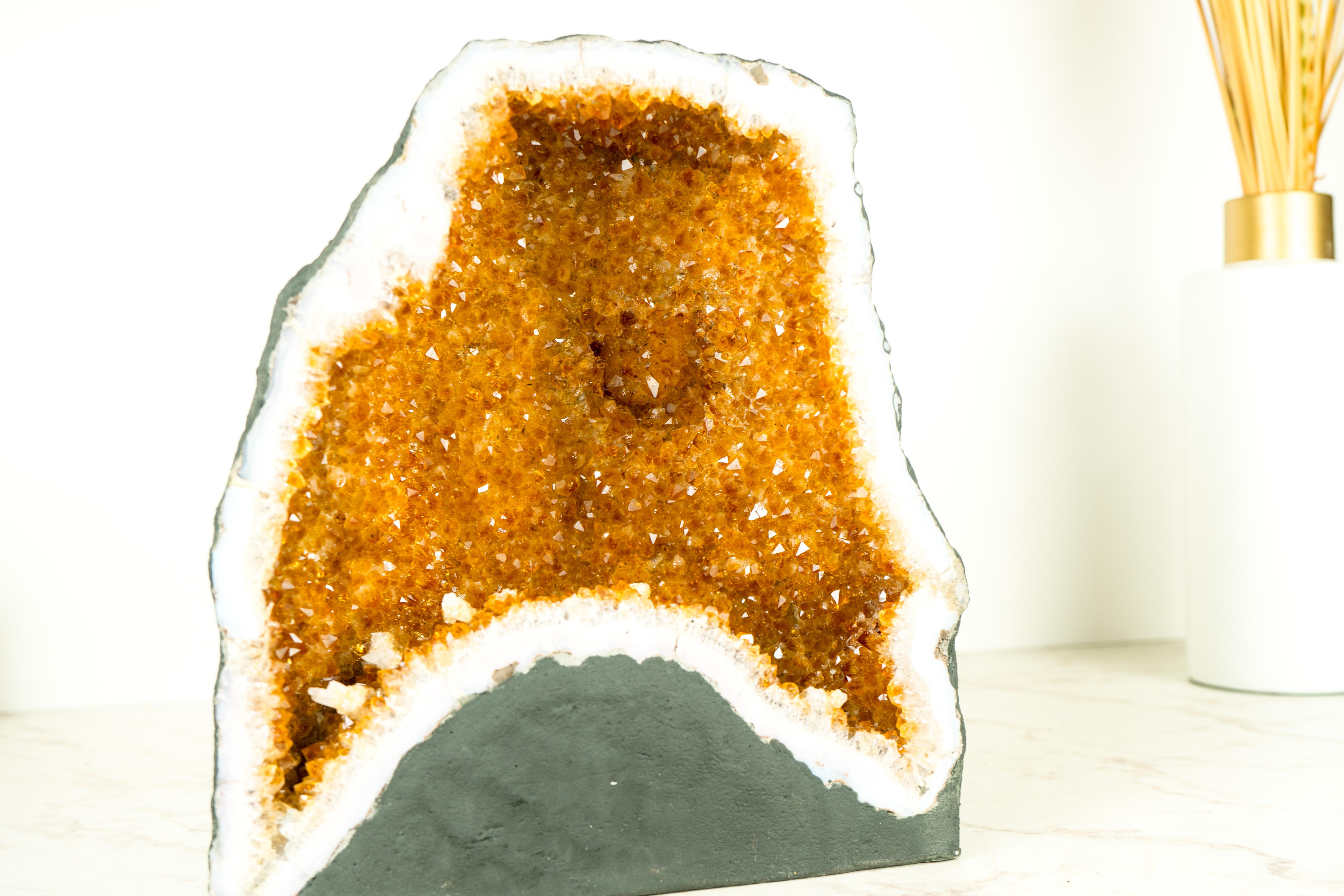 Agate Natural Citrine Geode Cave with Orange Druzy Crystals and Calcite Inclusion For Sale