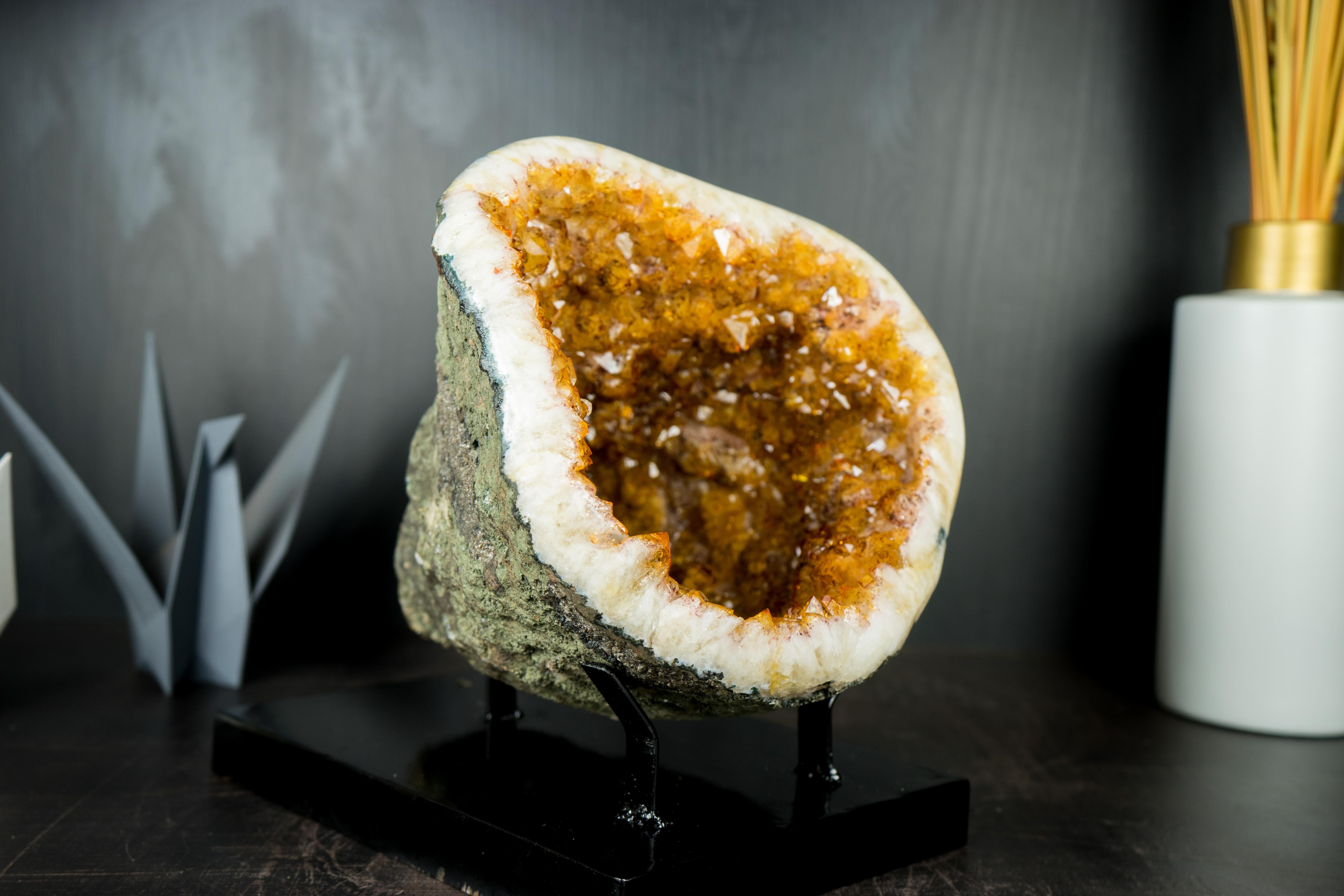 Brazilian Natural Citrine Geode Cave with Sparkly Orange Citrine Druzy For Sale