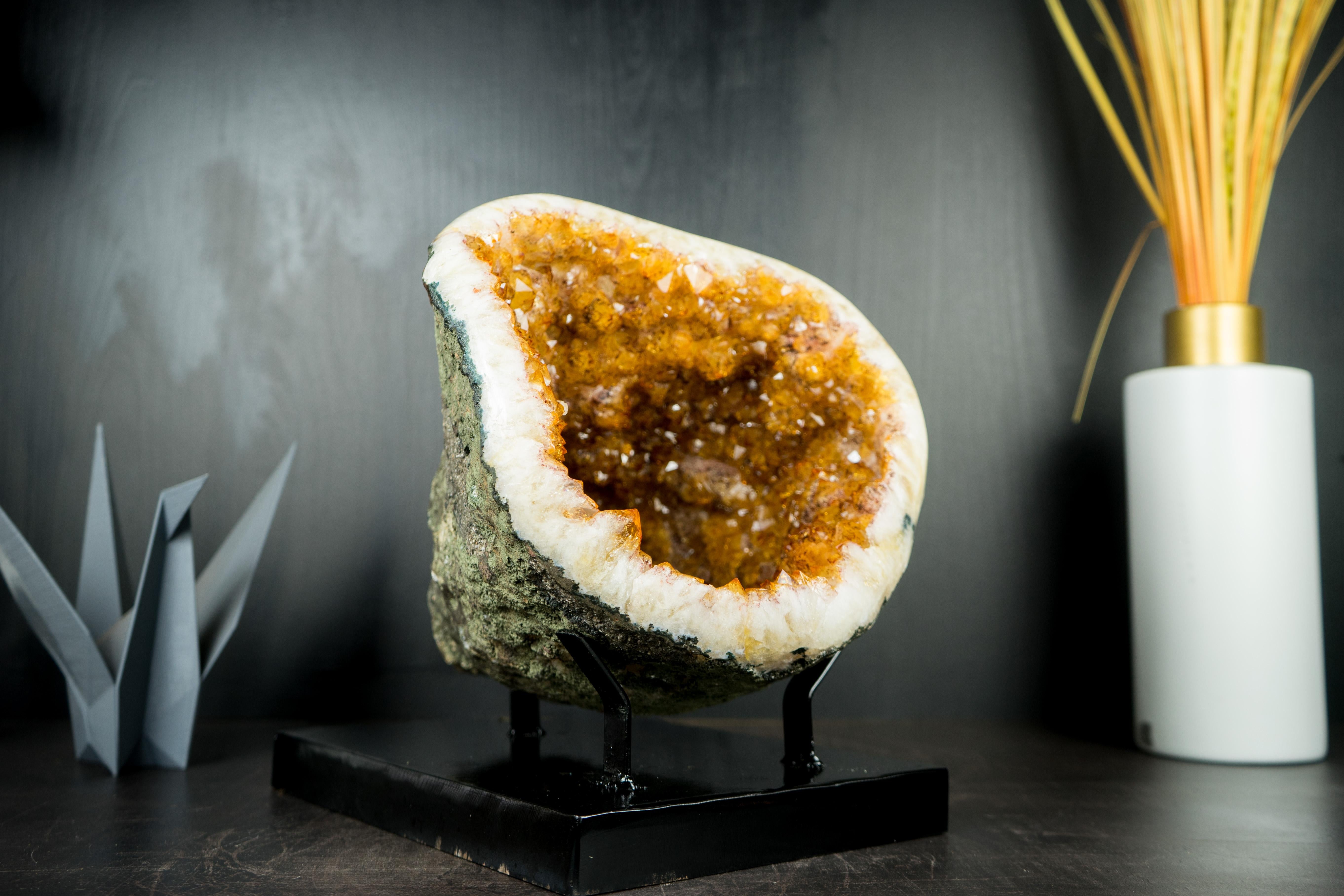 Contemporary Natural Citrine Geode Cave with Sparkly Orange Citrine Druzy For Sale