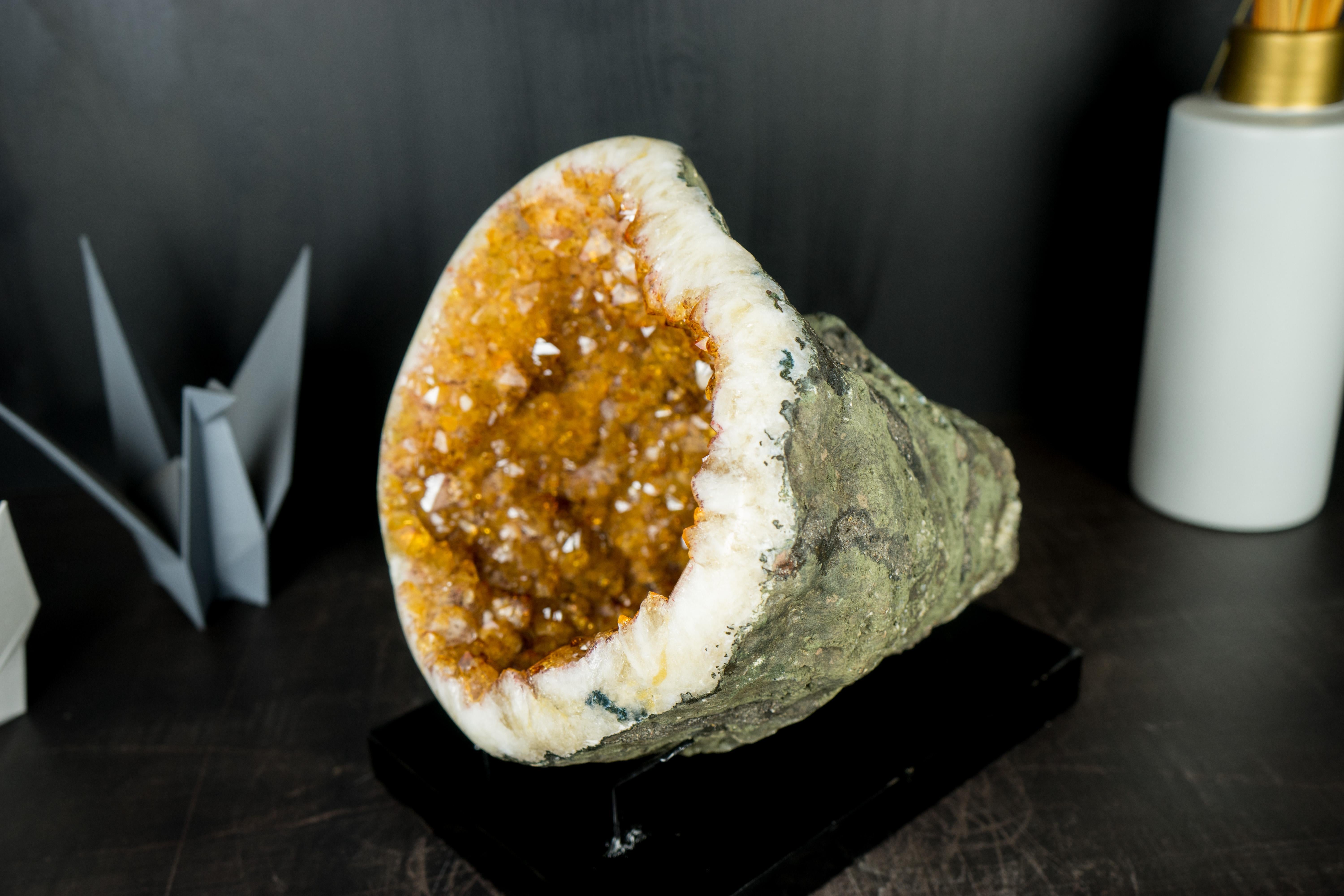 Agate Natural Citrine Geode Cave with Sparkly Orange Citrine Druzy For Sale