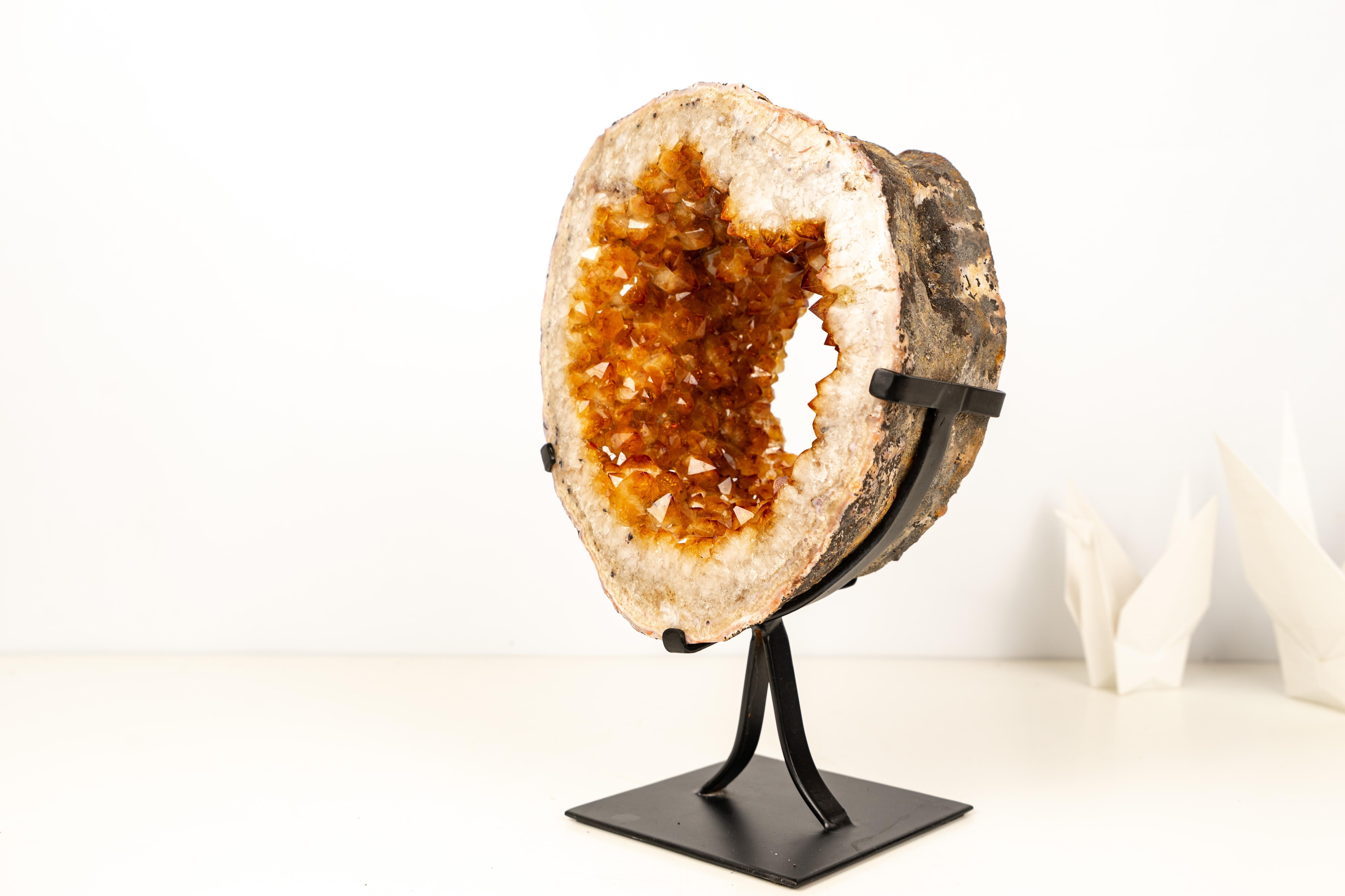 Citrine Geode Portal Slice with Rare Flower Formation – Golden Orange Citrine on Stand

▫️ Description

This rare Citrine Geode Portal Slice brings beautiful aesthetics and an outstanding natural formation. The golden-orange citrine displays bright,