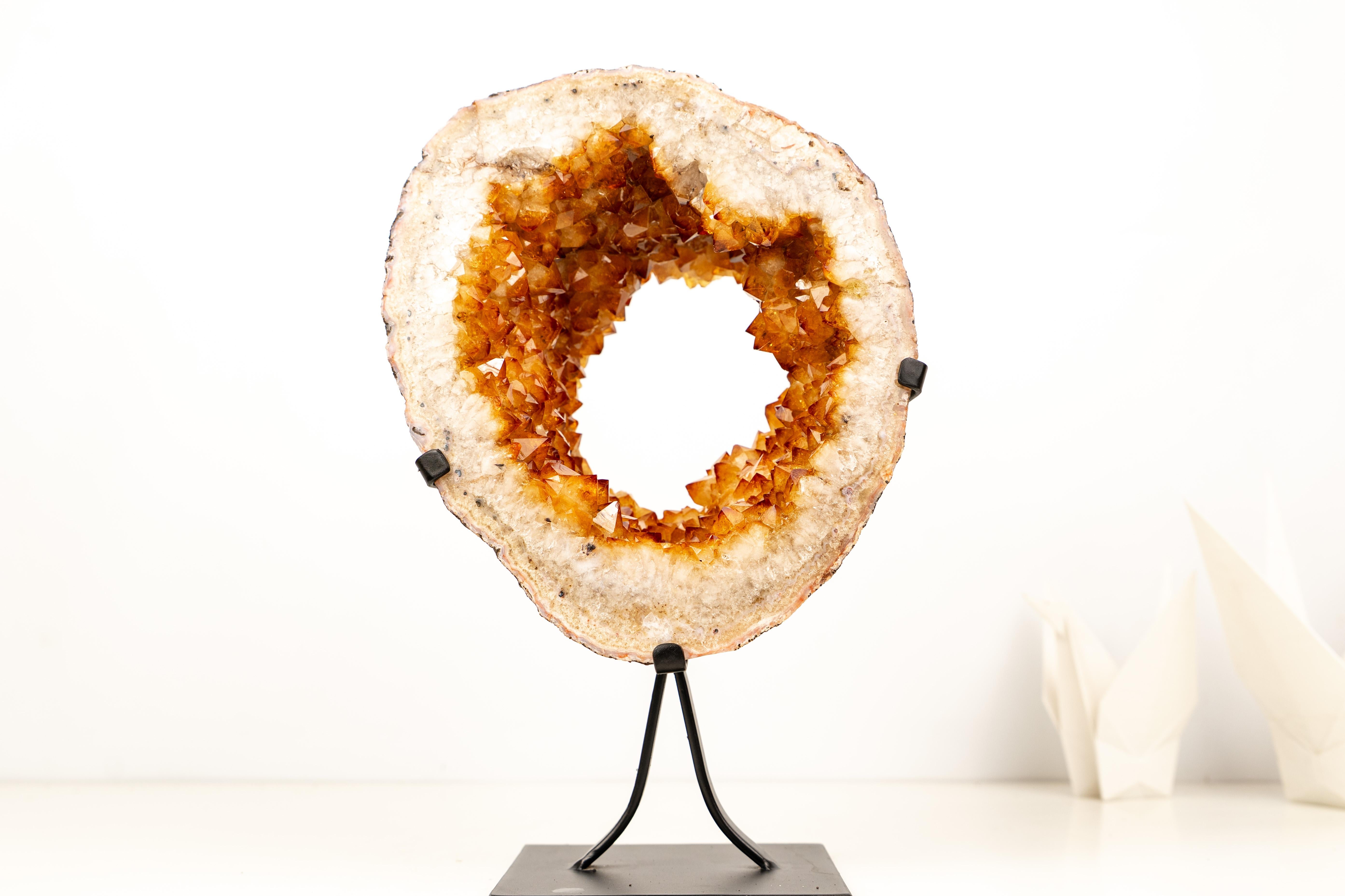 Brasiliano Natural Citrine Geode Portal Slice with Flower Stalactites in vendita