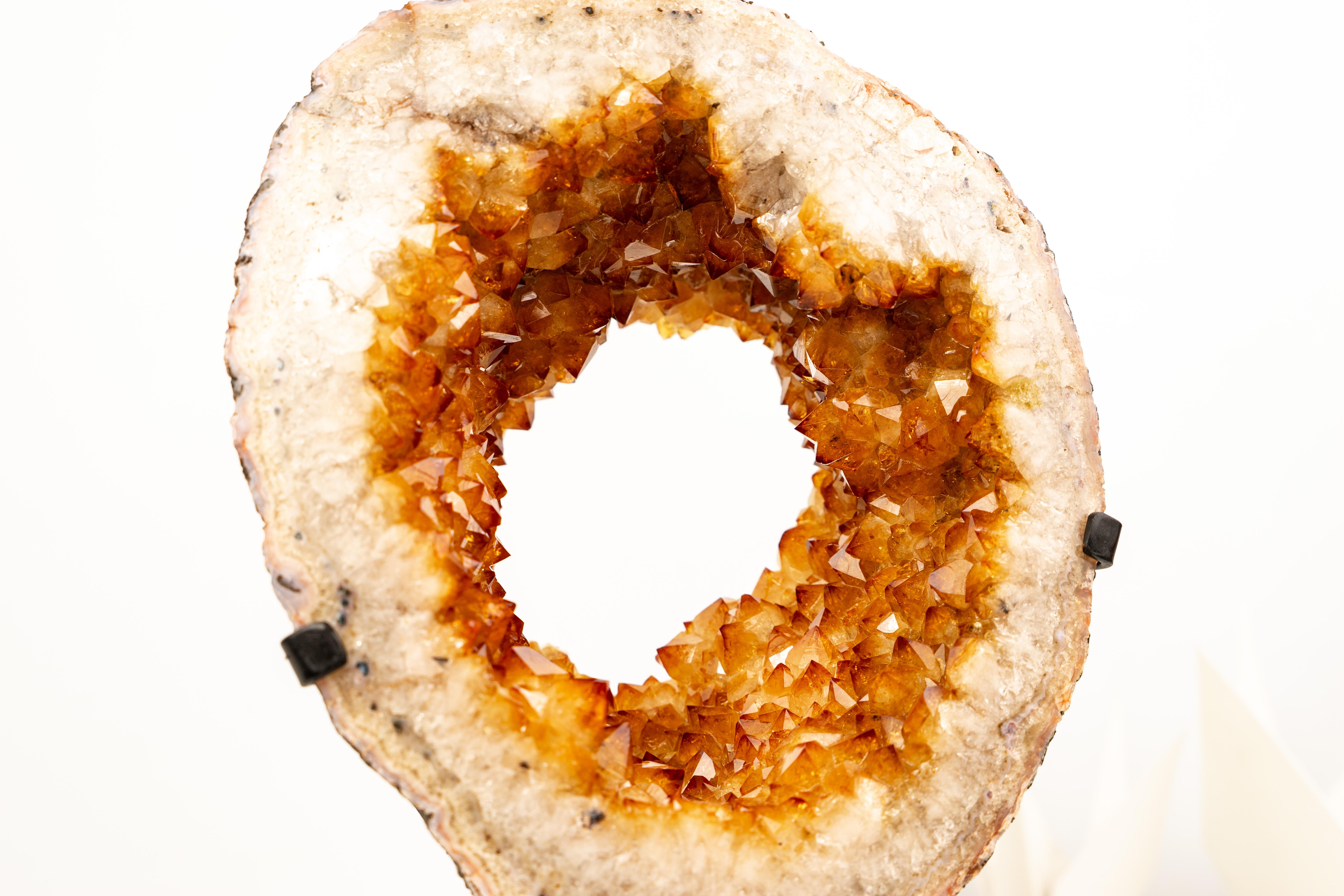 XXI secolo e contemporaneo Natural Citrine Geode Portal Slice with Flower Stalactites in vendita